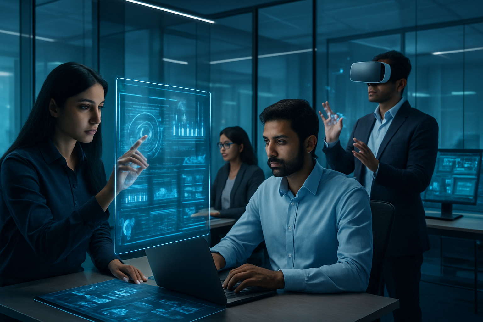 Create a realistic image of a modern Pakistani office environment showcasing cutting-edge digital marketing technologies with South Asian male and female professionals working on futuristic holographic displays, AI-powered analytics dashboards, virtual reality headsets, and augmented reality interfaces, featuring sleek workstations with multiple high-tech monitors displaying data visualizations and social media campaigns, set against a contemporary tech workspace with glass walls and ambient blue lighting that emphasizes innovation and technological advancement, absolutely NO text should be in the scene.