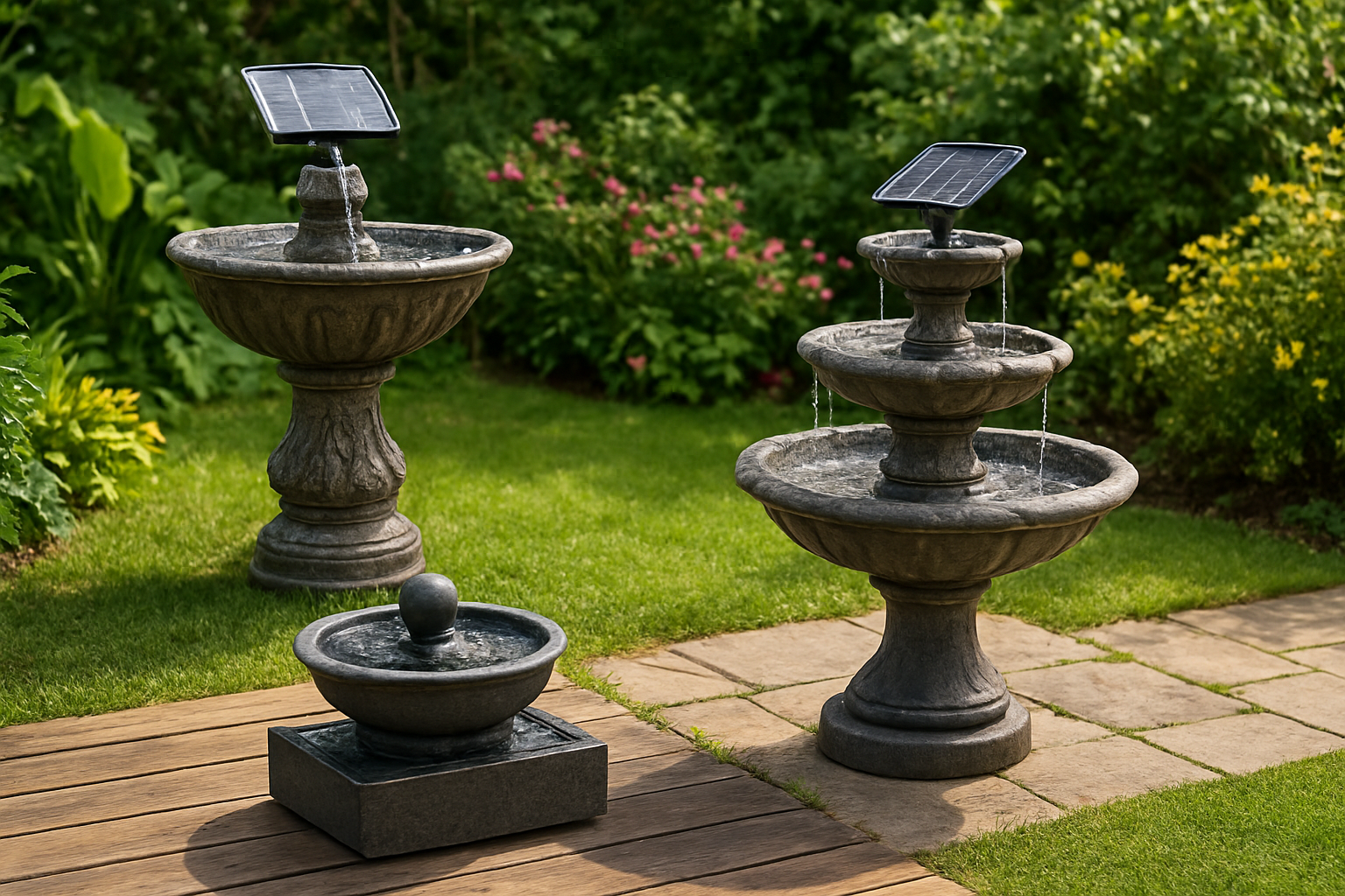 Create a realistic image of multiple different solar water fountains of varying sizes and styles displayed in an outdoor garden setting, including a small tabletop fountain, a medium tiered fountain, and a larger decorative fountain with solar panels visible on top, arranged on different surfaces like a wooden deck, stone patio, and grass area, surrounded by lush green plants, flowers, and garden elements, with natural daylight illuminating the scene to showcase the variety of options available for different spaces, absolutely NO text should be in the scene.