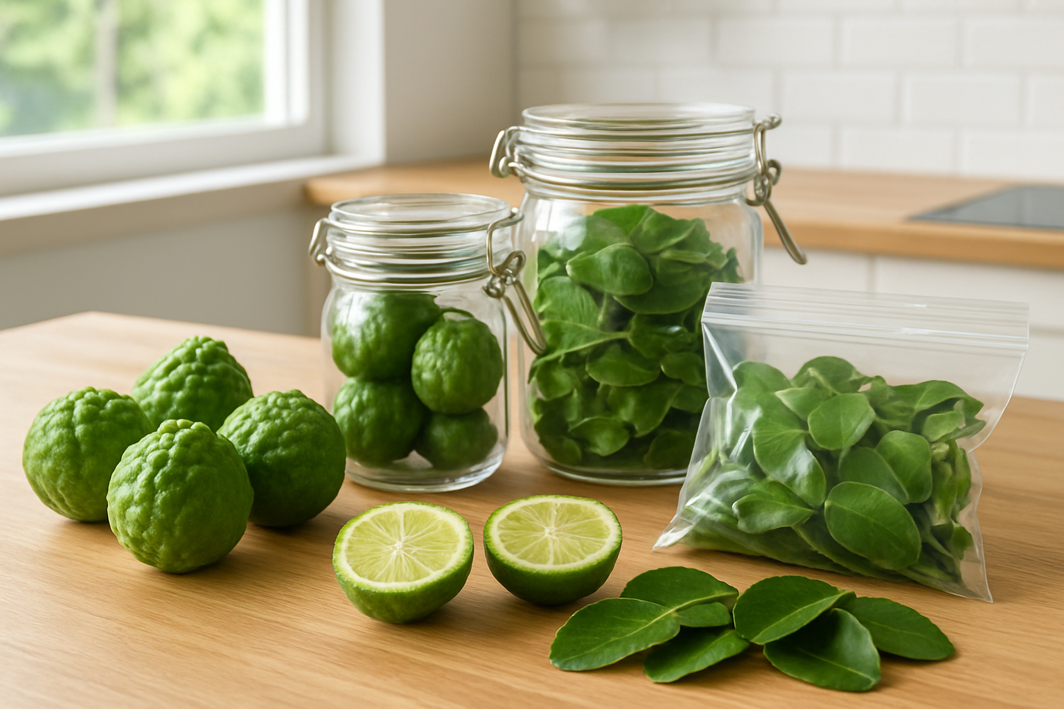 Create a realistic image of fresh kaffir lime fruits and leaves arranged on a wooden kitchen counter next to proper storage containers including airtight glass jars and freezer bags, with a bright modern kitchen background featuring natural lighting from a window, showcasing the green bumpy-textured citrus fruits and glossy double-lobed leaves in various stages of preparation for storage, absolutely NO text should be in the scene.