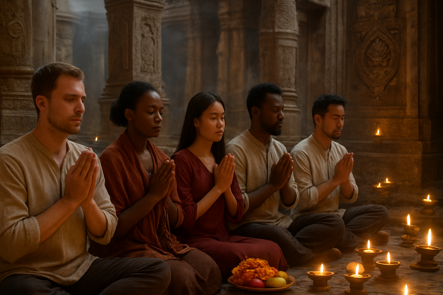 Create a realistic image of a diverse group of people including white, black, and Asian males and females gathered in prayer and meditation at a sacred temple or shrine setting, with ornate religious architecture featuring intricate carvings and decorative elements, flickering oil lamps and candles creating warm golden lighting, people holding prayer beads and offerings of flowers and fruits, incense smoke gently rising in the air, peaceful expressions on faces with eyes closed in devotion, traditional religious symbols and decorations visible on walls and pillars, serene atmosphere with soft natural lighting filtering through ancient stone structures, absolutely NO text should be in the scene.
