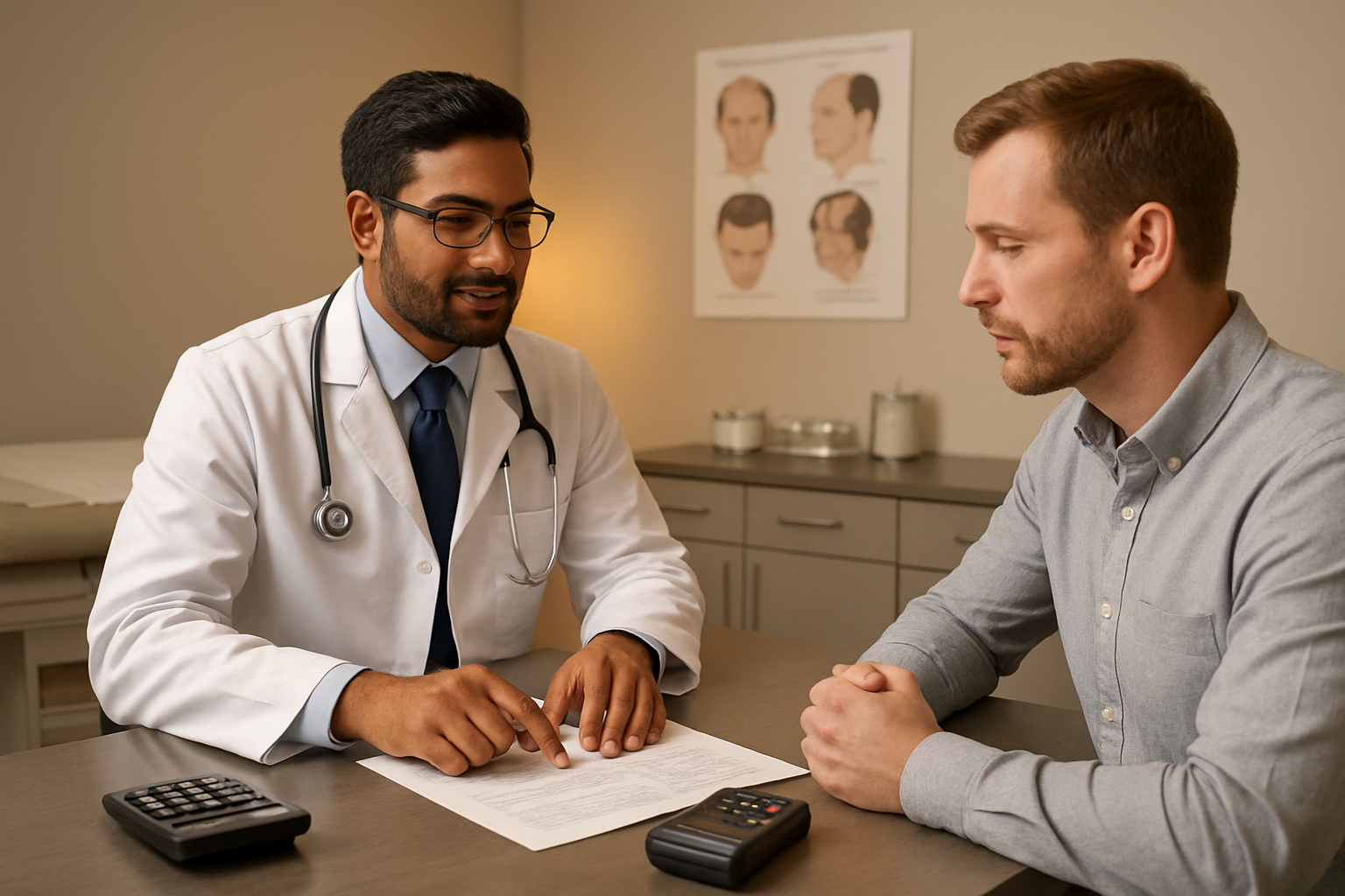 Create a realistic image of a modern medical consultation room with a South Asian male doctor in a white coat sitting across from a white male patient, discussing financial documents and payment options on a sleek desk, with medical charts about hair restoration procedures visible on the wall behind them, calculator and credit card payment terminal on the desk, warm professional lighting creating a trustworthy atmosphere, clean contemporary office setting with subtle medical equipment in the background, absolutely NO text should be in the scene.