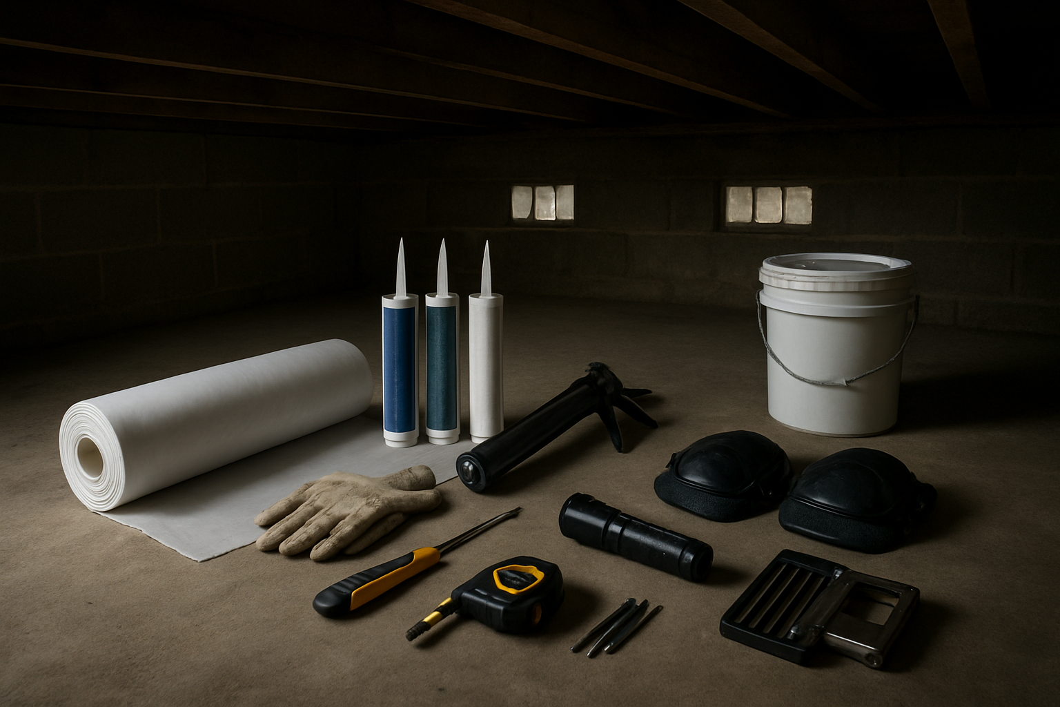 Create a realistic image of essential waterproofing tools and materials neatly arranged on a concrete floor inside a crawl space area, including a plastic vapor barrier roll, waterproof sealant tubes, a caulk gun, measuring tape, utility knife, work gloves, knee pads, flashlight, screwdriver set, staple gun with staples, and a bucket of waterproof coating, with dim natural lighting filtering through foundation vents creating realistic shadows, showing the low-ceiling confined space with exposed floor joists above and foundation walls visible in the background. Absolutely NO text should be in the scene.