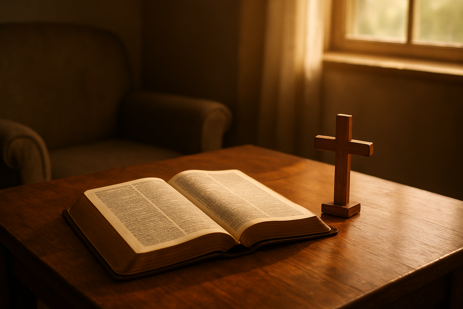 Create a realistic image of a peaceful indoor setting with warm, soft lighting featuring an open Bible and a small wooden cross placed on a wooden table, with gentle sunlight streaming through a nearby window creating a serene atmosphere, surrounded by subtle elements like a comfortable chair and soft shadows that convey spiritual tranquility and foundation-building, absolutely NO text should be in the scene.