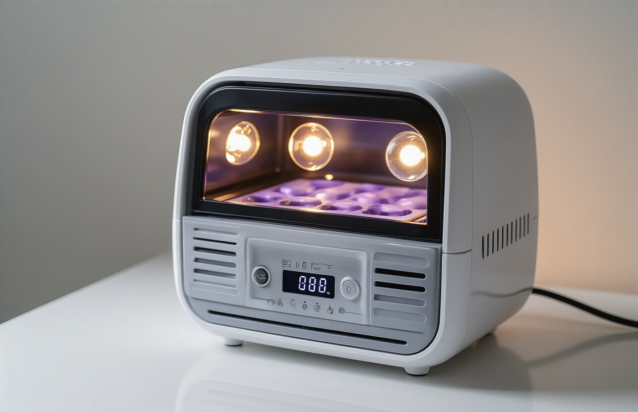 Create a realistic image of a modern UV nail lamp displayed on a clean white surface with various essential features highlighted, including LED bulbs visible inside the lamp chamber, a digital timer display on the front panel, ventilation slots on the sides, a removable bottom plate, and power cord, with soft professional lighting illuminating the device against a neutral background, showcasing the lamp's sleek design and practical functionality, absolutely NO text should be in the scene.