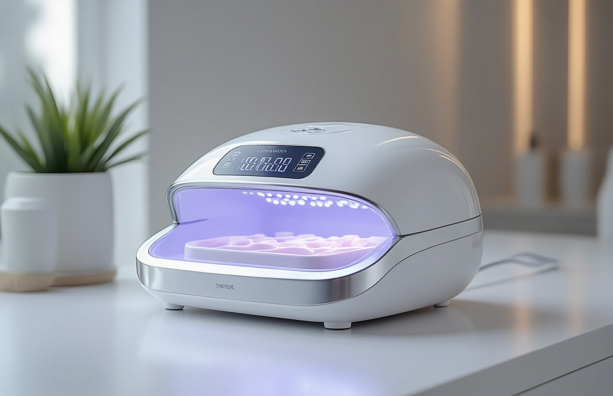 Create a realistic image of a modern UV nail lamp with a sleek white and silver design sitting on a clean white surface, displaying professional salon-quality features like digital timer display, spacious hand chamber, and LED bulbs visible inside, with soft diffused lighting highlighting the lamp's premium build quality and craftsmanship, alongside subtle reflections on the glossy surface suggesting high-end materials, positioned at a slight angle to showcase both the exterior design and interior lighting technology, with a minimalist background and professional product photography lighting, absolutely NO text should be in the scene.