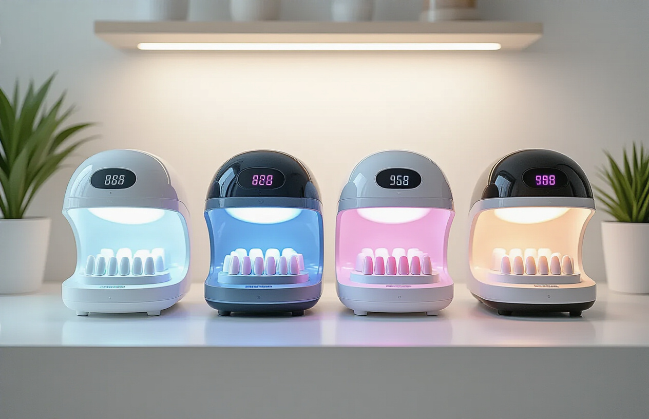 Create a realistic image of five different UV nail lamps arranged on a clean white surface, each with distinct designs showing various budget-friendly models including compact portable units and larger professional-style lamps, with soft natural lighting from above highlighting their features and details, displaying the lamps from slightly elevated front-facing angles to show their control panels and LED displays, with a neutral background that emphasizes the products without distraction, absolutely NO text should be in the scene.