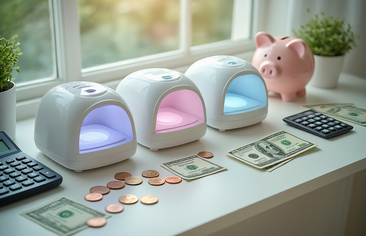 Create a realistic image of a clean white desk surface displaying five different UV nail lamps arranged in a row, each with a small price tag showing different budget-friendly amounts, alongside scattered coins and dollar bills, a calculator, and a piggy bank in the background, with soft natural lighting from a window creating a bright, organized, money-saving atmosphere, absolutely NO text should be in the scene.