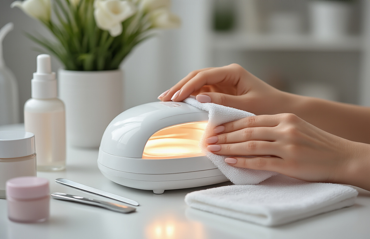 Create a realistic image of hands carefully cleaning a UV nail lamp with a soft microfiber cloth, showing proper maintenance techniques, with the nail lamp positioned on a clean white surface alongside nail care accessories like cuticle oil bottles and nail files, in a well-lit beauty salon or home workspace setting with soft natural lighting, capturing the essence of proper care and investment protection for nail equipment, absolutely NO text should be in the scene.