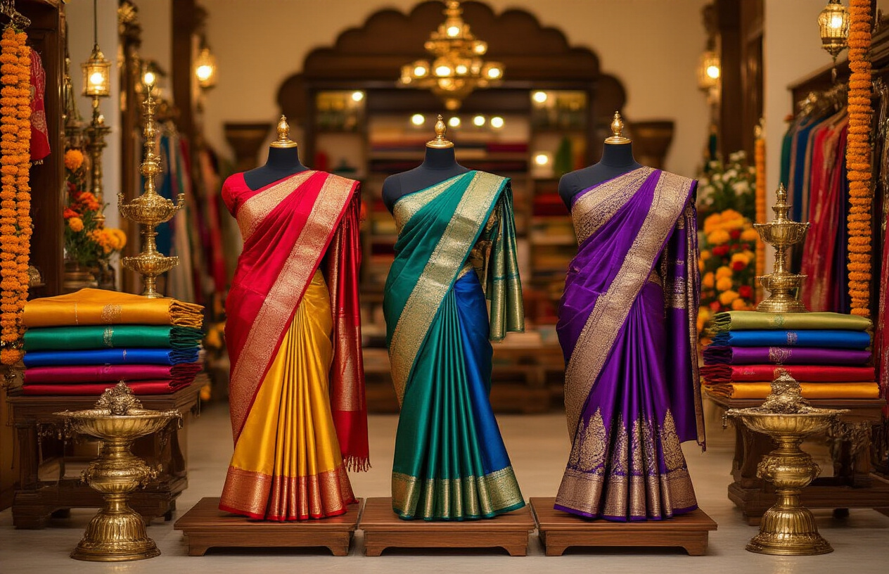 Create a realistic image of an elegant display of premium silk sarees in vibrant Navratri colors including deep red, royal blue, emerald green, golden yellow, and rich purple, beautifully arranged on wooden display stands in a luxurious boutique setting, with intricate golden embroidery and zari work visible on the sarees, soft warm lighting highlighting the silk's natural sheen and texture, traditional Indian decorative elements like brass lamps and marigold flowers in the background, creating a festive and premium shopping atmosphere perfect for Navratri celebrations, absolutely NO text should be in the scene.