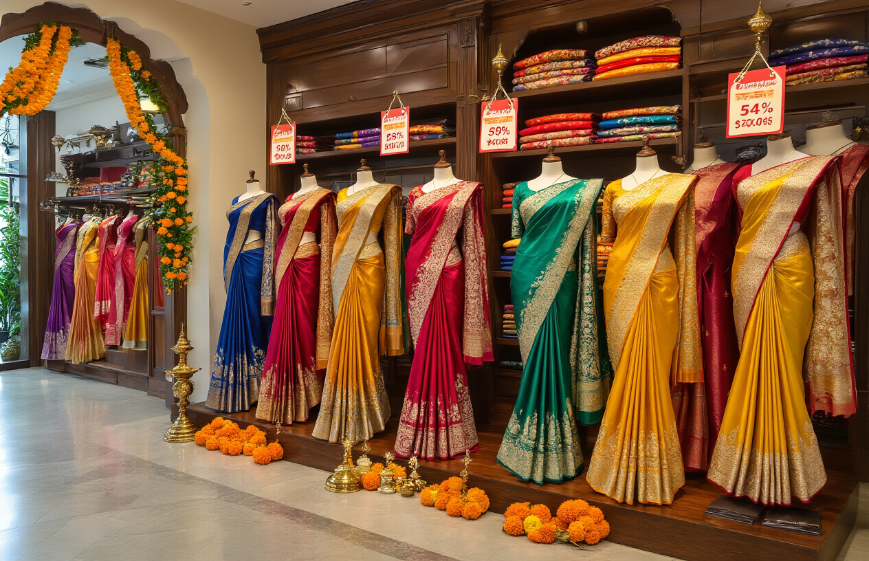 Create a realistic image of an elegant display of colorful silk sarees arranged on wooden mannequins and hangers in a luxurious Indian textile store, featuring rich jewel tones like deep red, royal blue, emerald green, and golden yellow sarees with intricate embroidery and traditional patterns, complemented by bright sale tags and discount banners hanging from the ceiling, warm golden lighting illuminating the fabrics to showcase their lustrous texture, with decorative marigold flowers and small oil lamps scattered around to create a festive Navratri atmosphere, absolutely NO text should be in the scene.