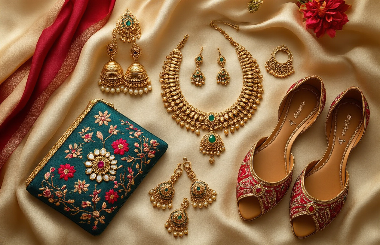 Create a realistic image of an elegant flat lay arrangement showcasing traditional Indian jewelry and accessories including ornate gold earrings, necklaces, bangles, maang tikka, nose ring, decorative hair pins, embroidered clutch purse, and traditional footwear like juttis or kolhapuris, all beautifully arranged on a luxurious silk fabric backdrop in festive colors like deep red, royal blue, or emerald green, with soft warm lighting creating gentle shadows that highlight the intricate metalwork and gemstone details of each accessory, styled as a complete Navratri ensemble layout, absolutely NO text should be in the scene.