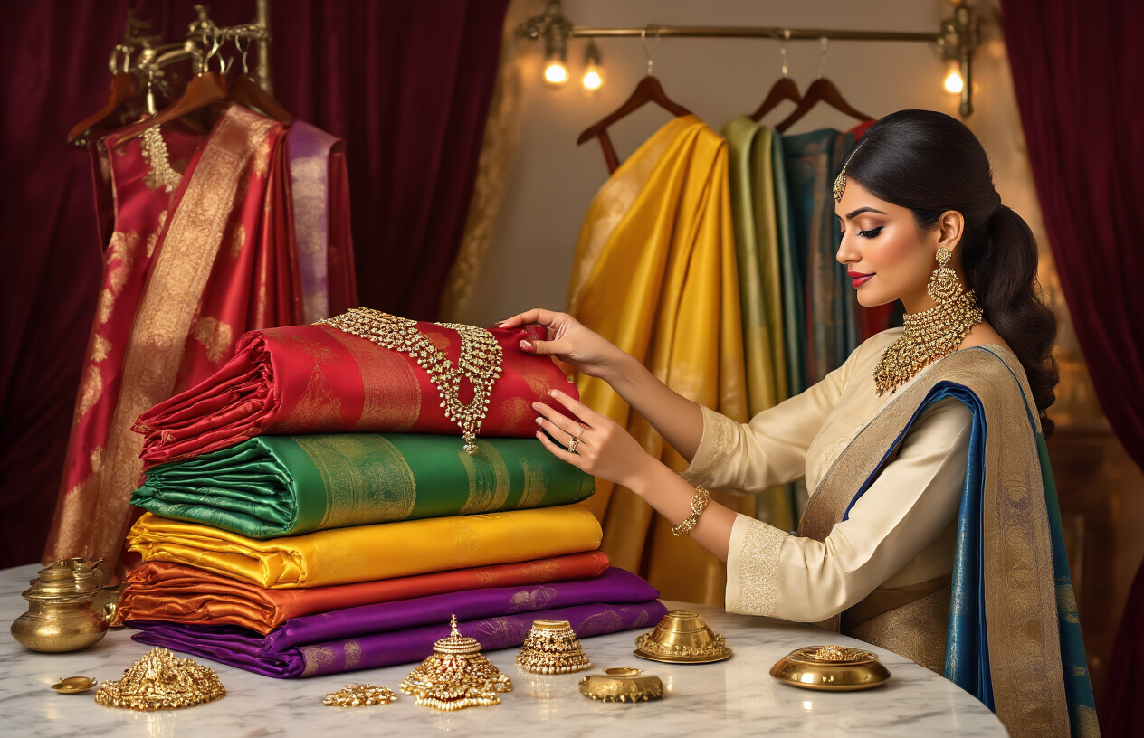 Create a realistic image of an elegant South Asian female fashion stylist in her 30s arranging multiple vibrant silk sarees in different colors including red, yellow, green, and blue on a luxurious display rack, with traditional Indian jewelry pieces like kundan necklaces and jhumka earrings laid out on a marble surface nearby, ornate brass accessories and maang tikka scattered artistically, soft warm lighting creating an upscale boutique atmosphere, rich burgundy velvet backdrop, the woman wearing a sophisticated cream-colored blouse while gracefully handling the silk fabric, creating a premium styling consultation scene that suggests expertise in traditional Indian fashion, absolutely NO text should be in the scene.