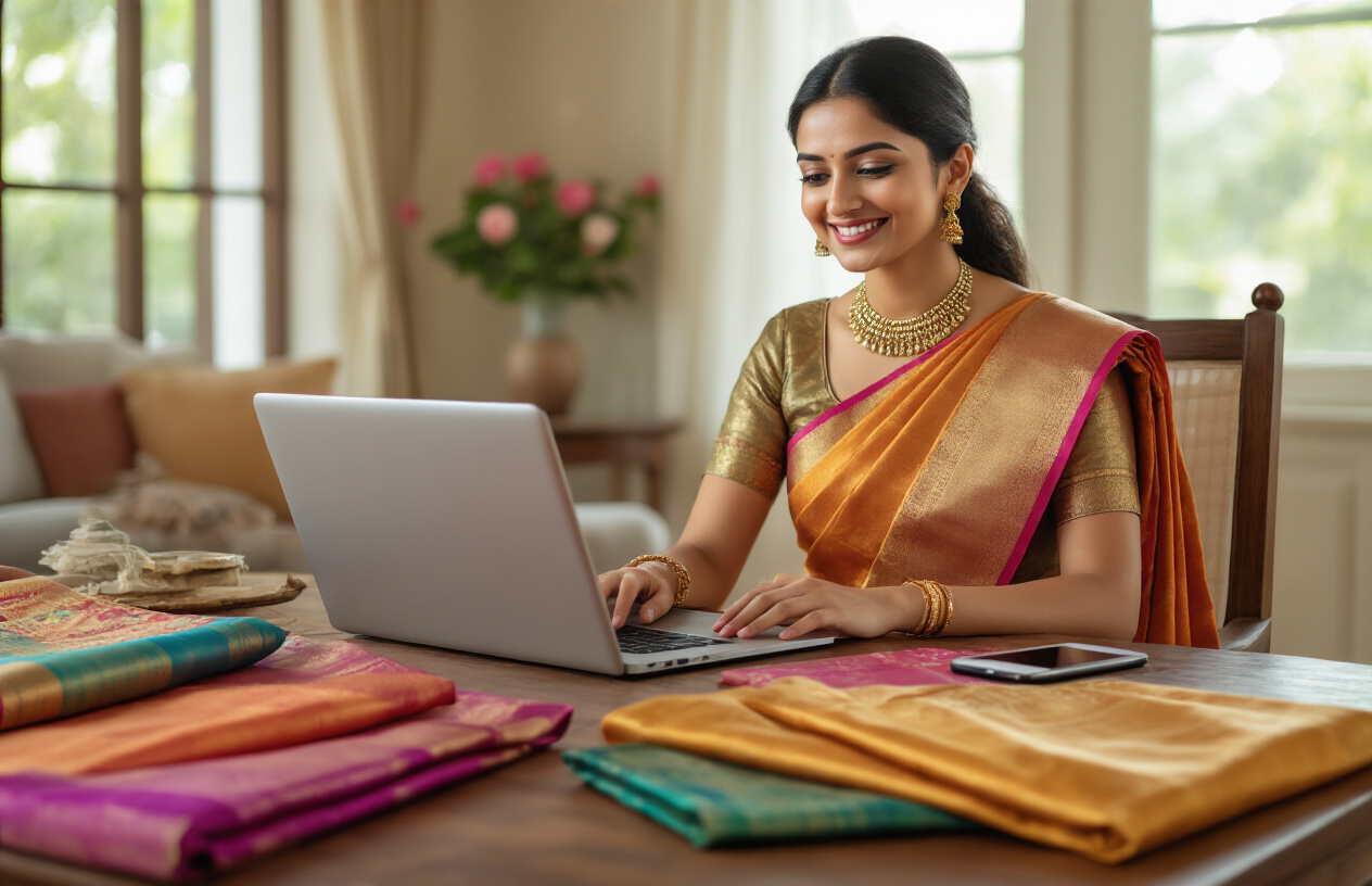 Create a realistic image of a South Asian female customer sitting comfortably at home with a laptop open, browsing silk sarees online with a warm smile on her face, colorful silk saree samples scattered nearby on a wooden table, a smartphone showing customer service chat beside the laptop, soft natural lighting streaming through a window, cozy indoor setting with elegant home decor in the background, conveying a relaxed and satisfying online shopping experience, absolutely NO text should be in the scene.