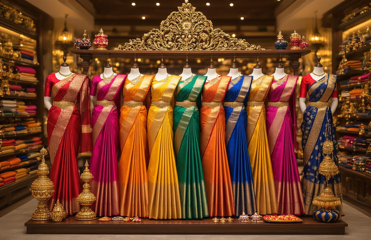 Create a realistic image of an elegant display of vibrant silk sarees in traditional Navratri colors including red, orange, yellow, green, blue, indigo, violet, and pink, beautifully arranged on ornate wooden hangers or draped mannequins, surrounded by festive Navratri accessories like golden jewelry, bangles, and decorative diyas, set against a warm luxurious boutique background with soft golden lighting that highlights the rich textures and intricate embroidery of the silk fabrics, creating a celebratory and premium shopping atmosphere that conveys the end of a successful Navratri sale event, absolutely NO text should be in the scene.