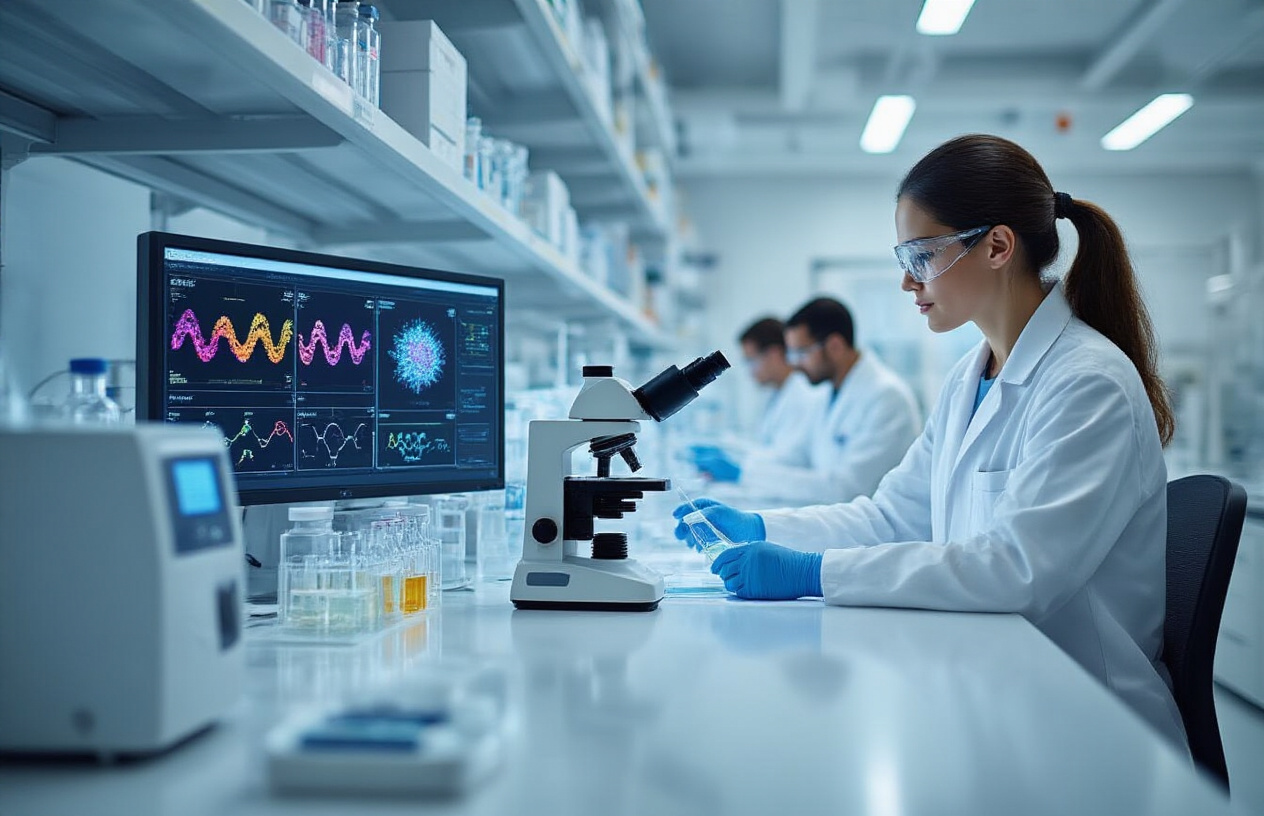 Create a realistic image of a modern biomedical laboratory with advanced cancer vaccine research equipment including microscopes, centrifuges, and cell culture incubators, featuring vials of experimental vaccines in temperature-controlled storage units, DNA sequencing machines displaying colorful genetic data on monitors, a white female scientist in a lab coat examining vaccine samples under a microscope while a black male researcher operates a robotic liquid handling system, sterile white laboratory environment with bright LED lighting, conveying innovation and hope in cancer treatment breakthrough, Absolutely NO text should be in the scene.