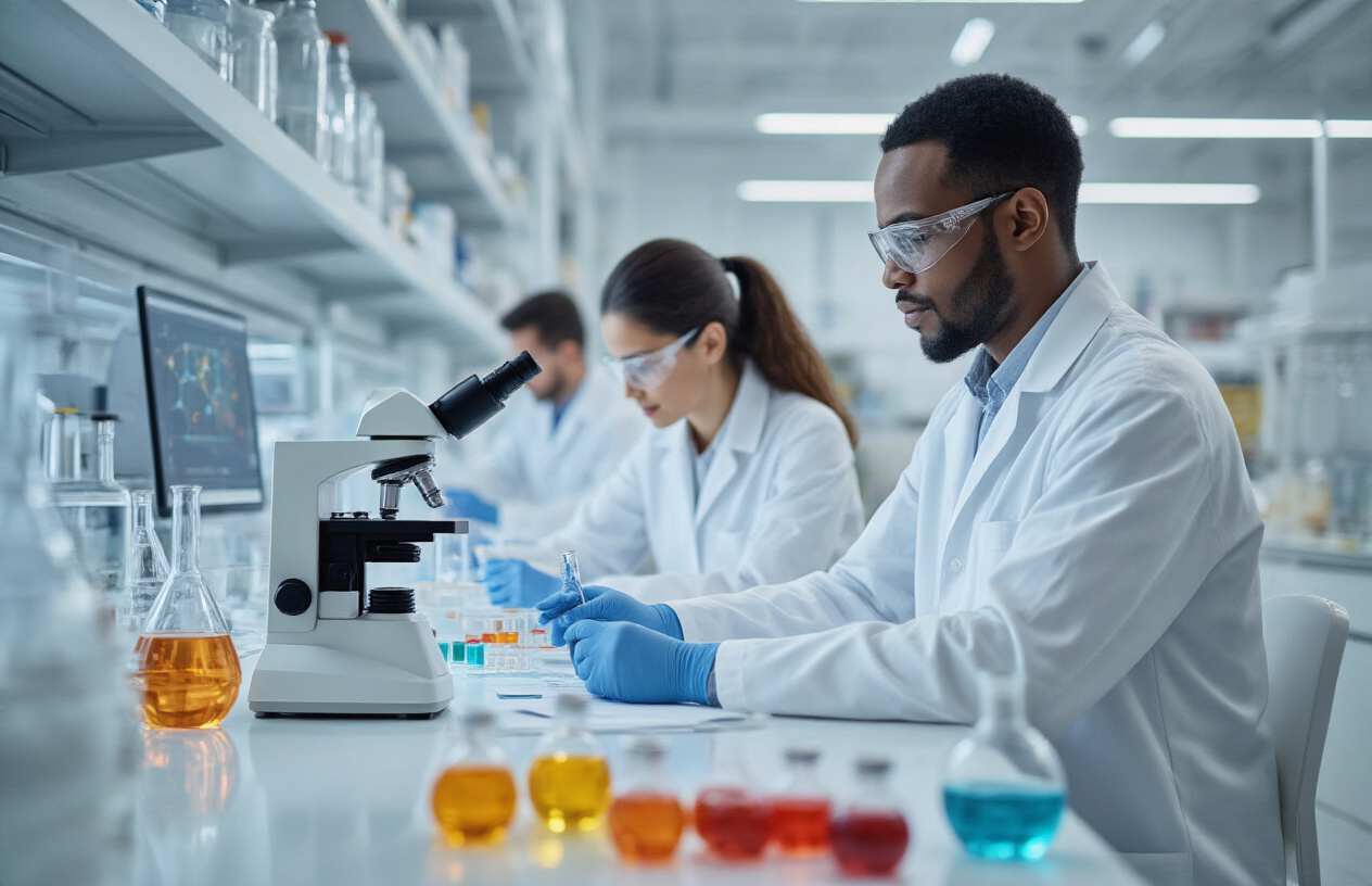 Create a realistic image of a modern biotech laboratory with advanced scientific equipment including microscopes, centrifuges, and vaccine vials in the foreground, a diverse team of scientists including a white female researcher in a lab coat examining cancer cell samples under a microscope and a black male scientist working with vaccine formulations, sterile white laboratory environment with glass containers holding colorful liquid samples, bright fluorescent lighting creating a clean professional atmosphere, molecular structure diagrams visible on computer screens in the background, absolutely NO text should be in the scene.