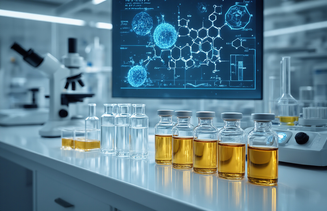 Create a realistic image of a modern laboratory setting with multiple glass vials containing clear liquid medications arranged on a pristine white counter, with a digital display showing molecular structures of GLP-1 compounds in the background, surrounded by advanced scientific equipment including microscopes and centrifuges, under bright clinical lighting that creates a clean and professional atmosphere, with subtle blue and white color tones throughout the scene to convey medical innovation and breakthrough research, absolutely NO text should be in the scene.