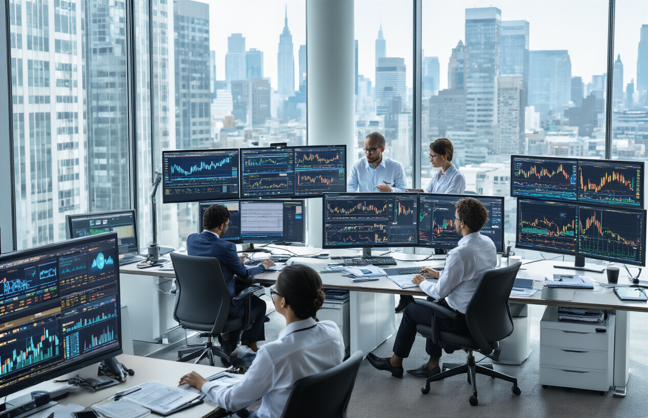 Create a realistic image of a modern financial trading floor or investment office with multiple computer monitors displaying biotech stock charts, pharmaceutical company logos, and healthcare sector data graphs, with diverse professionals including white and black males and females in business attire analyzing investment portfolios, surrounded by sleek desks with financial documents and tablets, set against floor-to-ceiling windows showing a city skyline, with bright natural lighting creating a professional and dynamic atmosphere, absolutely NO text should be in the scene.