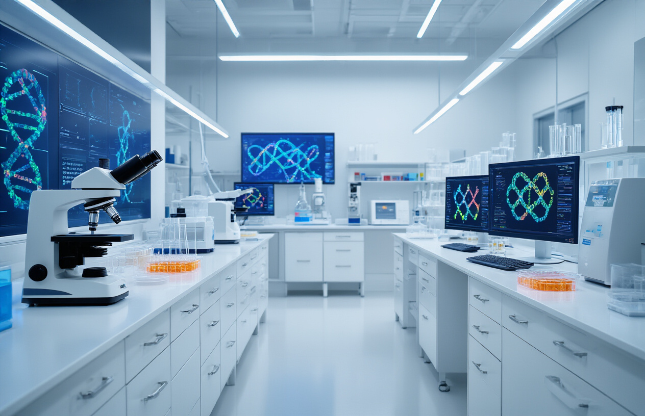 Create a realistic image of a modern laboratory setting with advanced CRISPR gene editing equipment including microscopes, centrifuges, and DNA sequencing machines on sleek white laboratory benches, with digital screens displaying colorful DNA double helix structures and genetic sequences, petri dishes containing cell cultures, precision pipettes and scientific instruments, clean white walls with subtle blue accent lighting, professional sterile environment with bright LED overhead lighting creating a cutting-edge biotechnology atmosphere, absolutely NO text should be in the scene.