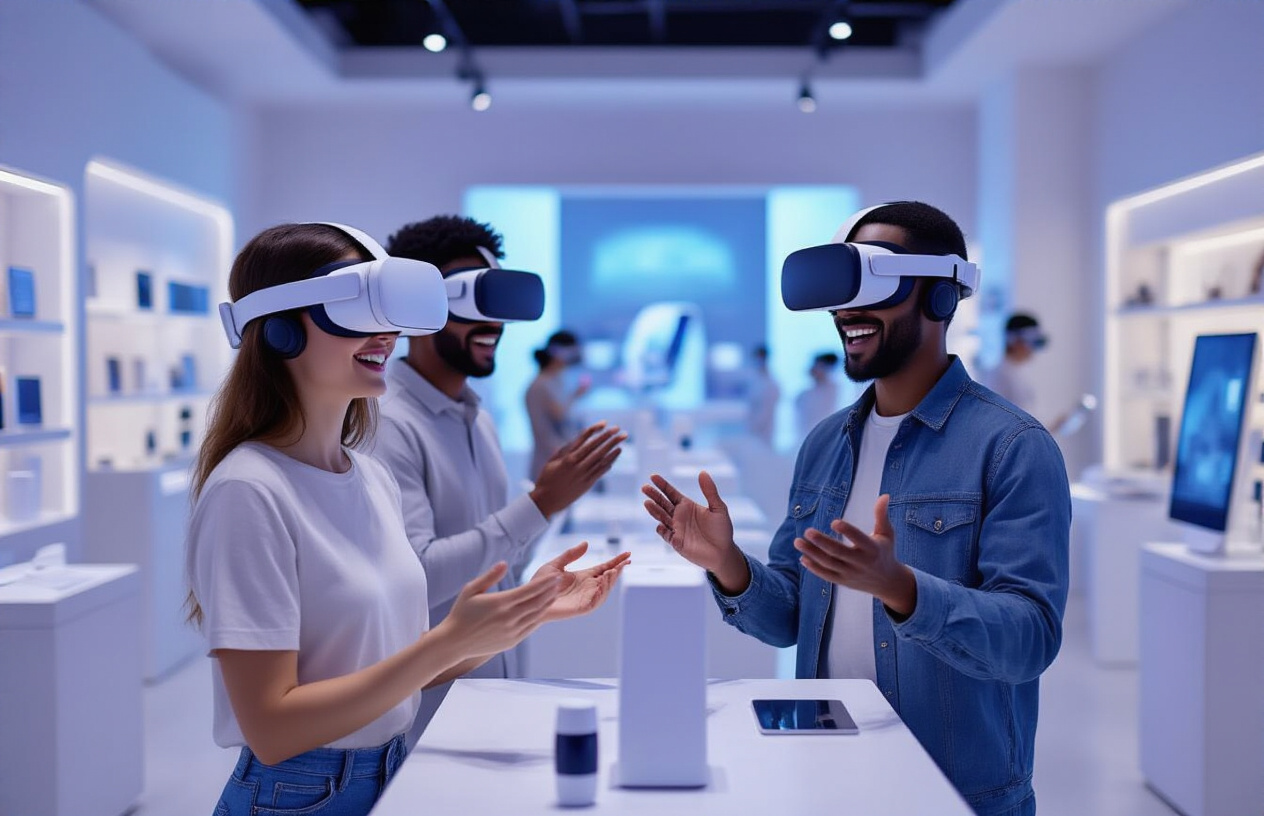 Create a realistic image of a diverse group of engaged customers wearing VR headsets in a modern retail environment, including a white female and black male trying on virtual products with excited expressions, surrounded by sleek VR stations and digital product displays, with soft blue and purple ambient lighting creating an immersive futuristic shopping atmosphere, showing hand gestures as they interact with virtual objects in the air, set against a contemporary store backdrop with minimalist design elements. Absolutely NO text should be in the scene.