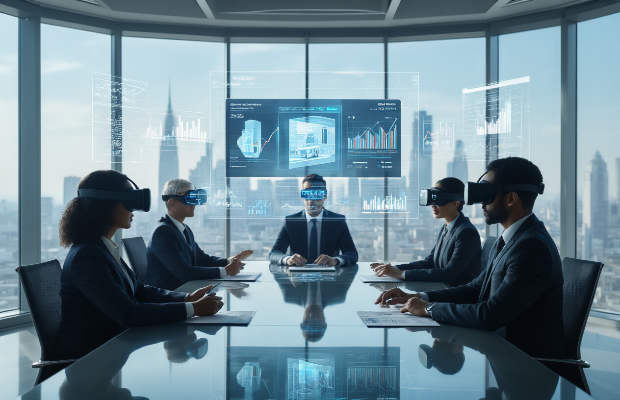 Create a realistic image of a modern corporate boardroom with a large glass conference table surrounded by diverse business professionals including white male and black female executives in suits, with holographic VR shopping interface displays floating above the table showing 3D product models and upward trending financial charts with ROI graphs, sleek futuristic office environment with floor-to-ceiling windows showing city skyline, bright natural lighting, professional atmosphere focused on technology and business growth, VR headsets placed on the table alongside laptops and financial documents, absolutely NO text should be in the scene.