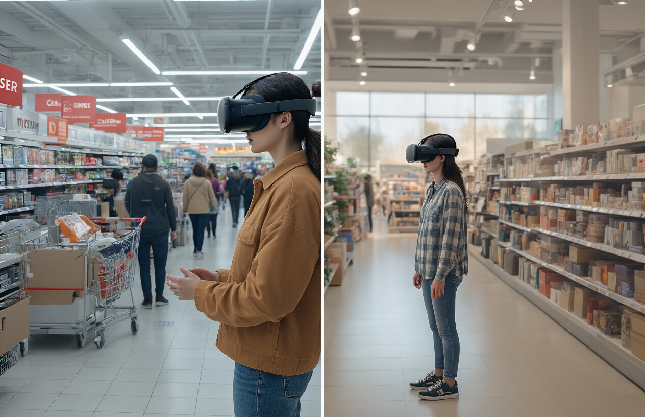 Create a realistic image of a split-screen comparison showing traditional shopping limitations on one side with long checkout queues, crowded aisles, and frustrated customers in a physical retail store, contrasted with the modern solution on the other side featuring a person wearing a VR headset in a clean, spacious room while virtually shopping, with soft natural lighting illuminating both scenes, emphasizing the contrast between cramped traditional retail space and the freedom of virtual shopping, absolutely NO text should be in the scene.