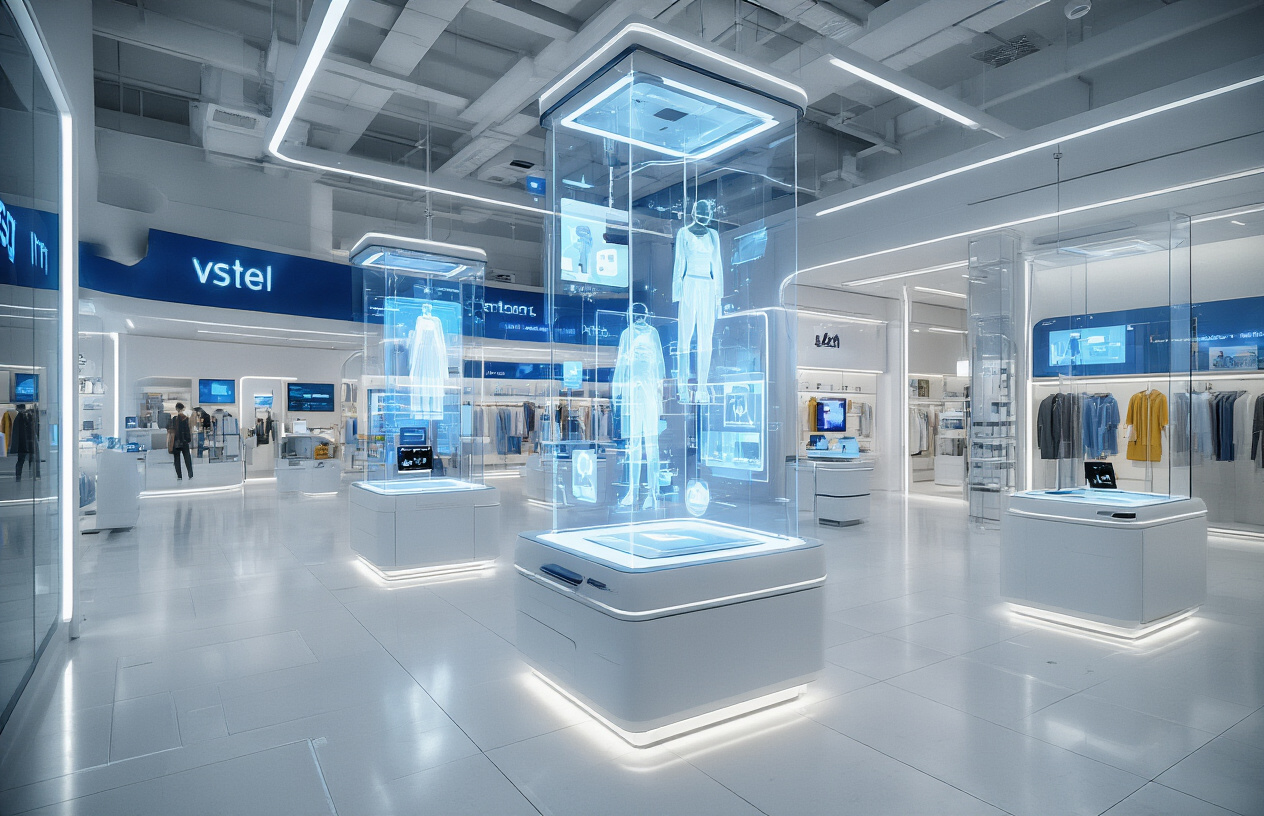 Create a realistic image of a modern retail store interior showcasing advanced VR technology integration, featuring sleek digital displays and holographic product demonstrations floating in mid-air, with futuristic shopping interfaces and virtual try-on stations, clean white and blue lighting creating a high-tech atmosphere, modern architectural elements with glass and metal surfaces, and subtle technological elements like sensors and AR projection systems seamlessly integrated into the shopping environment, absolutely NO text should be in the scene.