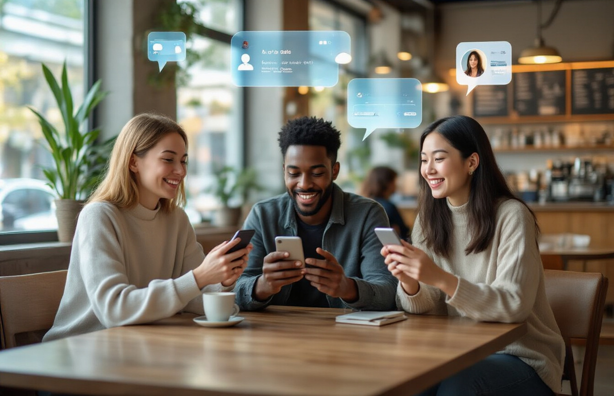 Create a realistic image of a diverse group of people including a white female, black male, and Asian female sitting in a modern coffee shop, each holding smartphones and showing engaged, happy expressions as they interact with AI-powered communication apps, with holographic chat bubbles and video call interfaces floating subtly around them, warm ambient lighting from large windows, contemporary furniture and plants in the background creating a welcoming social atmosphere, absolutely NO text should be in the scene.
