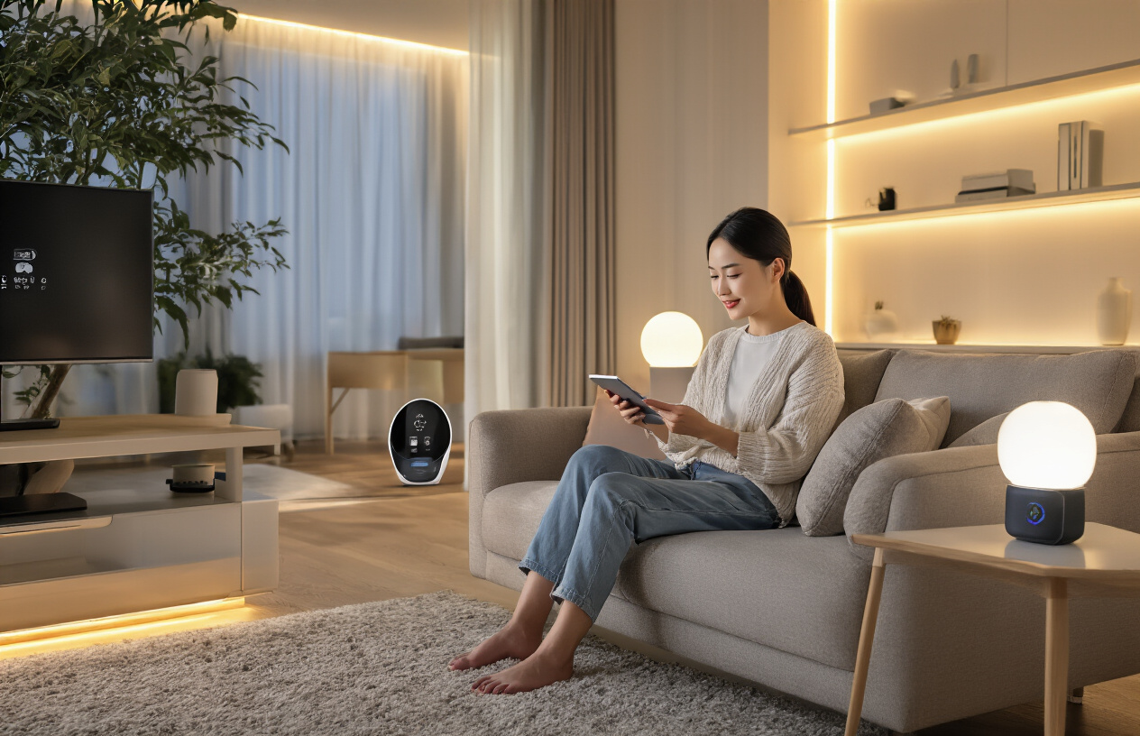 Create a realistic image of a modern smart home living room with an Asian female sitting comfortably on a contemporary sofa, using a tablet to control various connected devices, showing smart lighting automatically adjusting, a voice-controlled speaker on a side table, automated curtains partially open, a smart thermostat display on the wall, and sleek IoT devices seamlessly integrated throughout the space, with warm ambient lighting creating a cozy atmosphere that demonstrates effortless home automation, absolutely NO text should be in the scene.