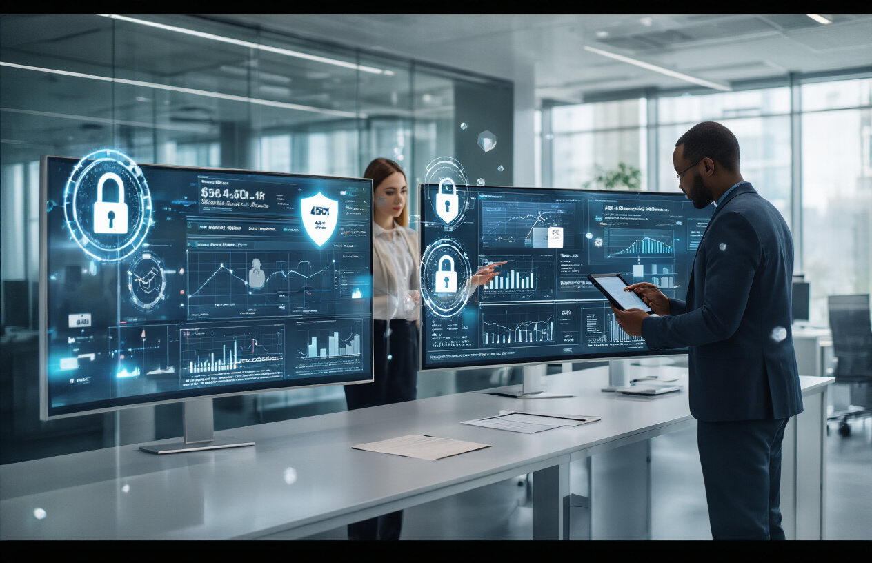 Create a realistic image of a modern banking interface displayed on multiple sleek digital screens showing AI-powered analytics dashboards with security shields and lock icons, a diverse group including a white female financial advisor and a black male client reviewing data on a tablet, set in a contemporary bank office with glass walls and soft natural lighting, conveying trust and technological advancement, with floating holographic elements representing secure data encryption around the screens, absolutely NO text should be in the scene.