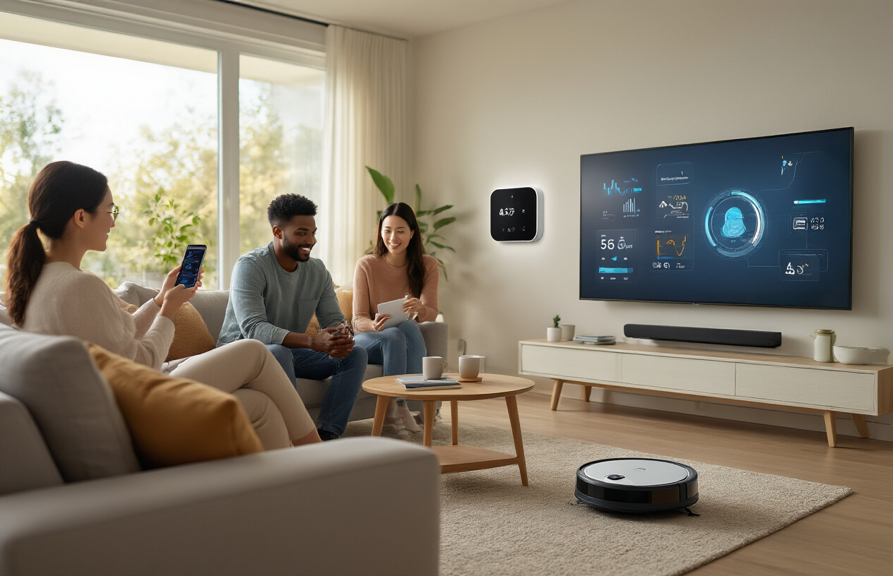 Create a realistic image of a modern living room scene showcasing AI integration in everyday life, featuring a diverse group of people including a white female using a smartphone, a black male interacting with a smart home tablet on the wall, and an Asian female wearing a smartwatch, with visible smart home devices like voice assistants, automated lighting, a large smart TV displaying health monitoring graphics, robotic vacuum cleaner on the floor, smart thermostat, and connected appliances in an open-plan kitchen background, all set in warm, natural lighting from large windows, creating a comfortable and technologically advanced atmosphere that represents the seamless integration of AI into daily living, absolutely NO text should be in the scene.