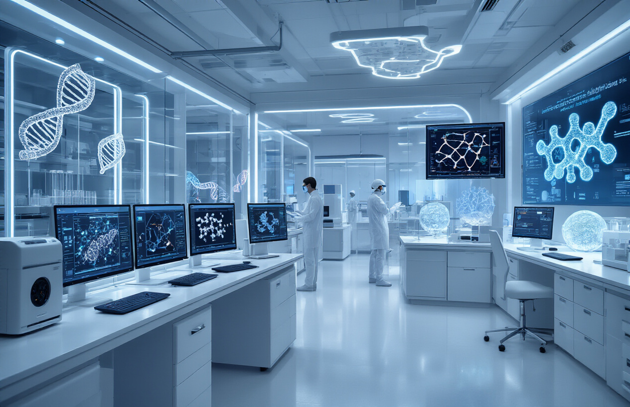 Create a realistic image of a modern biotechnology laboratory with advanced computer workstations displaying complex molecular structures and mRNA sequences on multiple monitors, sleek laboratory equipment including DNA synthesizers and automated liquid handling systems, sterile white surfaces with blue LED accent lighting, futuristic AI processing units with glowing indicators, molecular models of RNA strands floating holographically above touchscreen interfaces, clean minimalist design with glass partitions, soft ambient lighting creating a cutting-edge scientific atmosphere, and pristine laboratory environment showcasing the intersection of artificial intelligence and vaccine development technology, absolutely NO text should be in the scene.