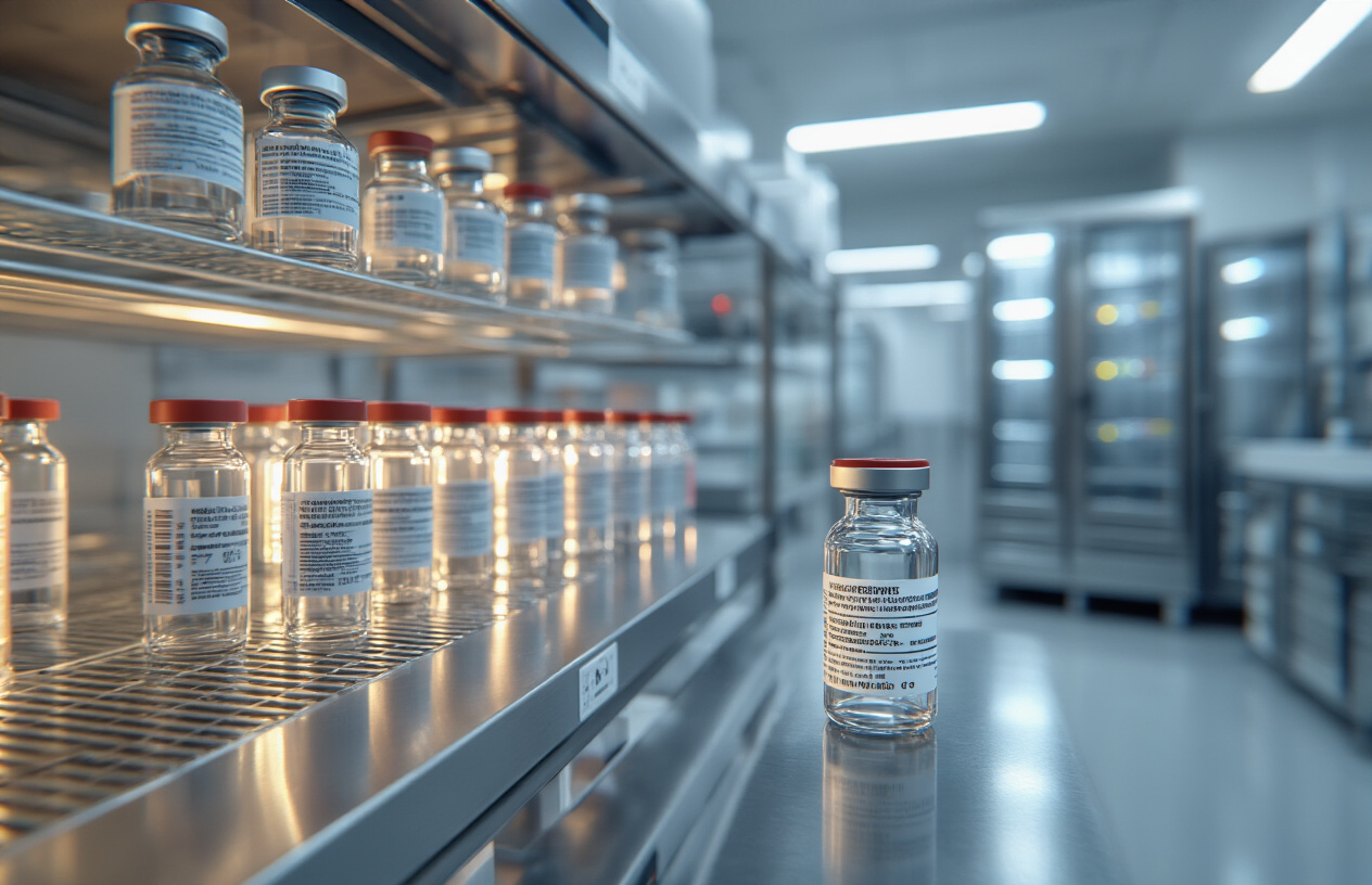 Create a realistic image of modern vaccine vials stored at room temperature on laboratory shelves, with thermometers showing normal ambient temperature readings, contrasted with empty or powered-down refrigeration units in the background, featuring gleaming stainless steel laboratory equipment, bright LED lighting, and a clean white sterile environment that emphasizes the breakthrough in temperature-stable vaccine storage technology, absolutely NO text should be in the scene.