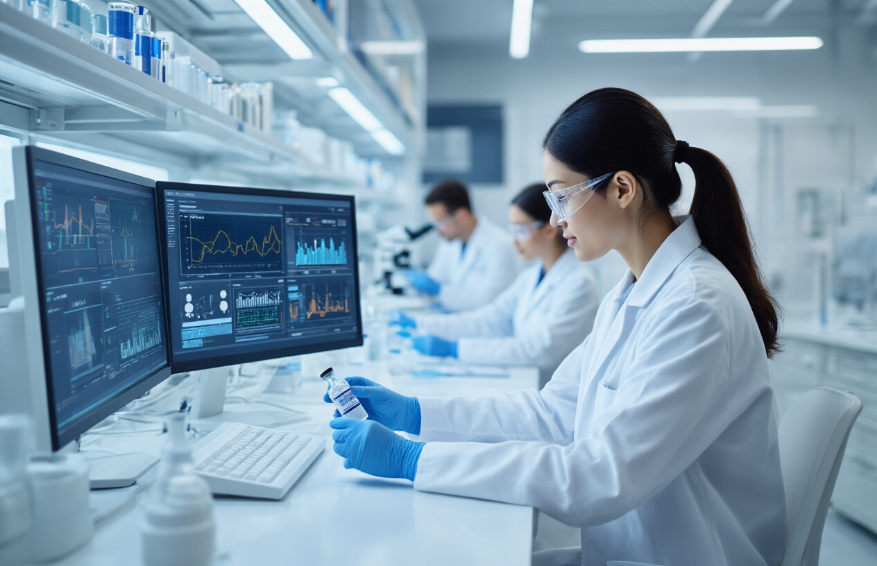 Create a realistic image of a modern medical research facility with advanced laboratory equipment, computer monitors displaying successful clinical trial data graphs and statistics, white male and Asian female scientists in lab coats examining vaccine vials and reviewing positive test results, sterile white and blue clinical environment with LED lighting, atmosphere of achievement and scientific breakthrough, high-tech microscopes and AI computer systems in background, professional medical setting conveying successful implementation and proven results, absolutely NO text should be in the scene.