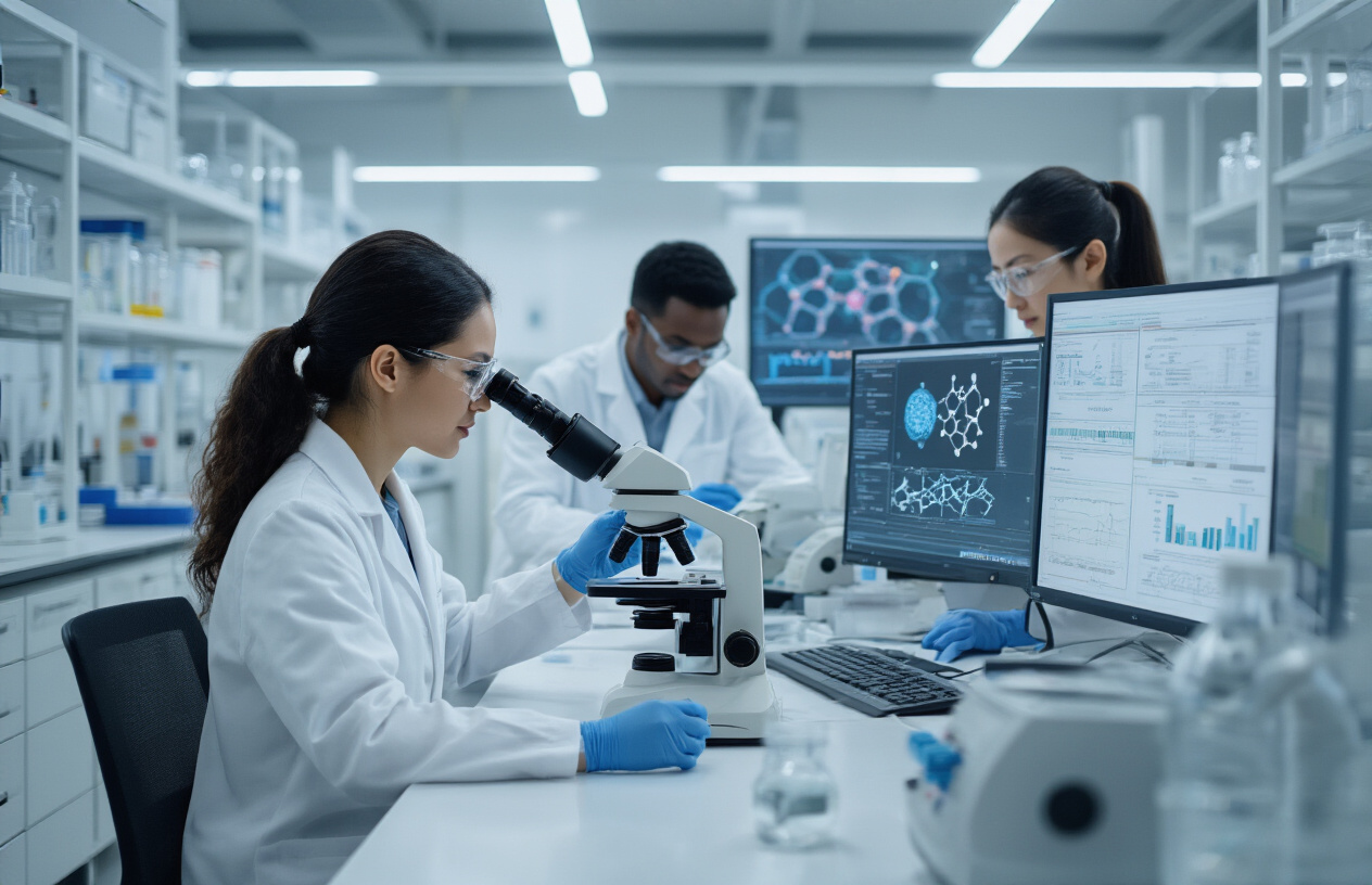 Create a realistic image of a diverse team of scientists and researchers collaborating in a modern high-tech laboratory, featuring a white female biologist examining vaccine samples under a microscope, a black male computer scientist working on AI algorithms at multiple monitors displaying molecular structures, and an Asian female data analyst reviewing research charts, with advanced laboratory equipment including centrifuges, gene sequencers, and robotic systems in the background, bright clinical lighting illuminating clean white surfaces and glass partitions, conveying an atmosphere of innovation and scientific discovery, absolutely NO text should be in the scene.