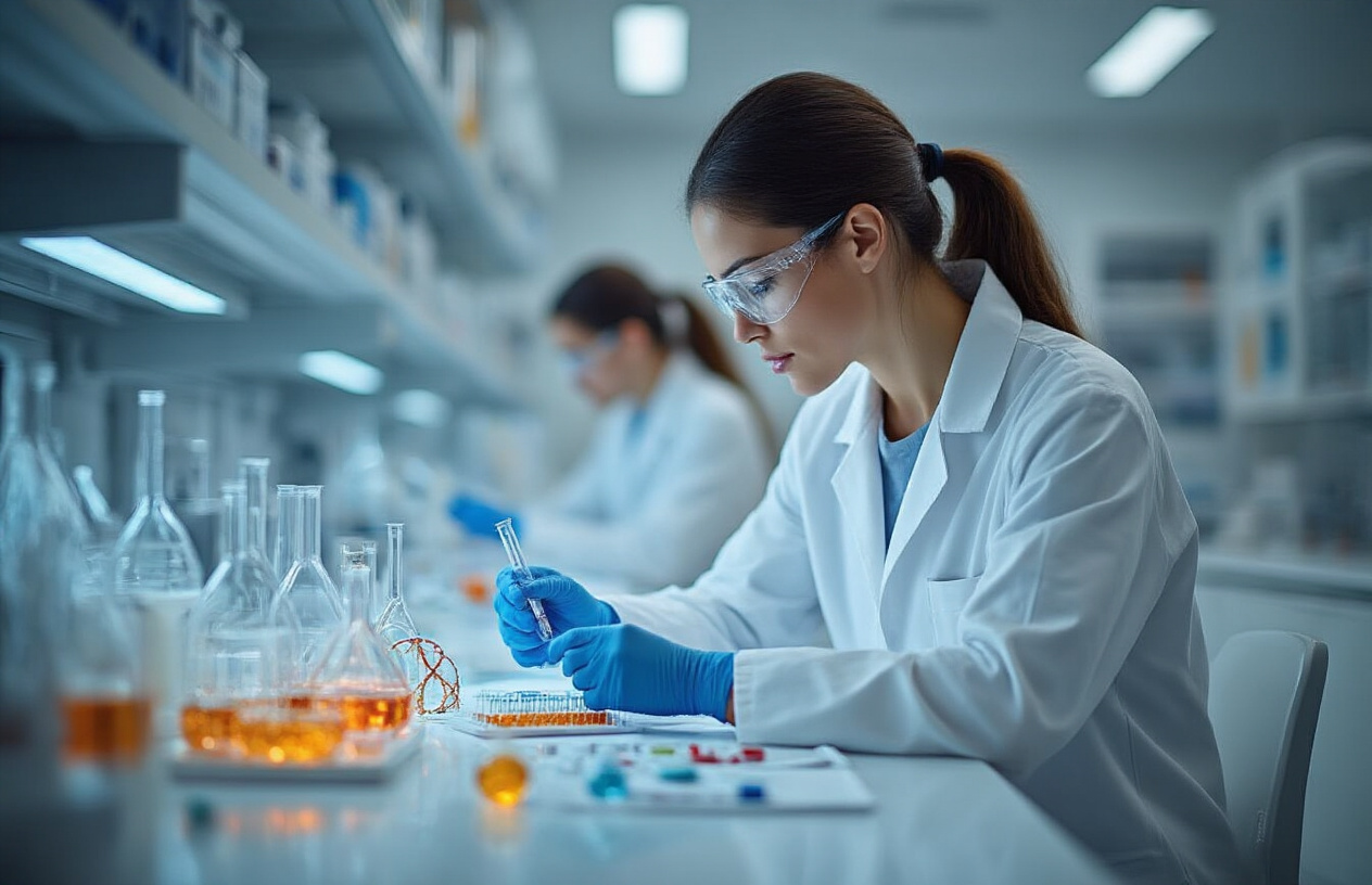 Create a realistic image of a modern medical laboratory with diverse therapeutic applications, featuring a white female scientist in a lab coat examining various medical samples and treatments on a clean laboratory bench, surrounded by advanced biotechnology equipment, test tubes containing colorful pharmaceutical solutions, molecular models, DNA helixes, and medical devices representing different therapeutic areas like cancer treatment, neurological disorders, and regenerative medicine, with bright clinical lighting and a sterile white background conveying innovation and medical advancement, absolutely NO text should be in the scene.
