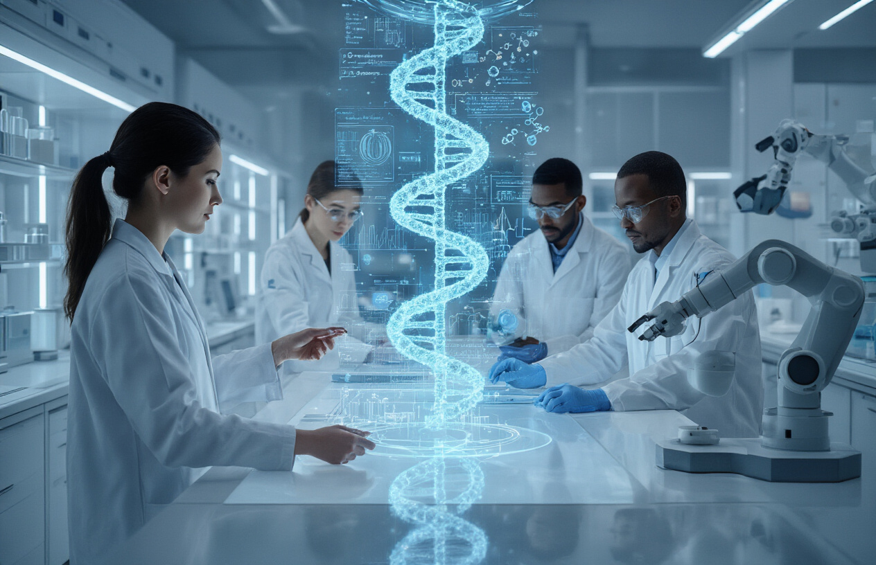 Create a realistic image of a modern medical laboratory with advanced AI technology and personalized medicine elements, featuring a diverse team of scientists including a white female researcher and a black male scientist examining holographic DNA sequences and molecular structures floating above sleek workstations, with futuristic medical equipment, digital displays showing genetic data patterns, robotic arms handling precision instruments, sterile white and blue environment with soft LED lighting, conveying innovation and scientific breakthrough in healthcare, absolutely NO text should be in the scene.