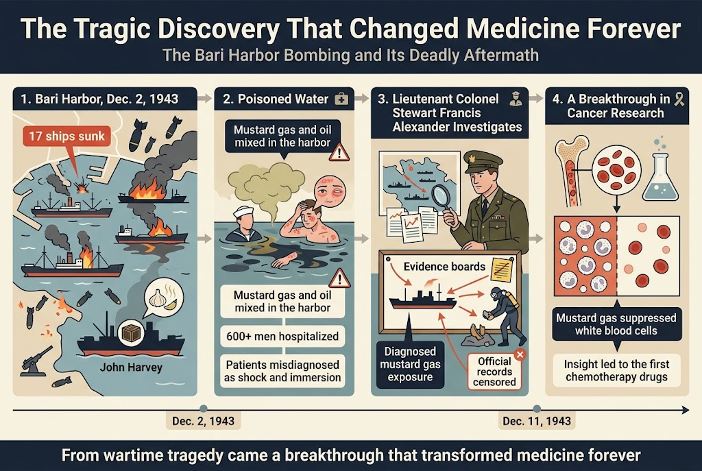 Create a full-bleed 3:2 horizontal infographic illustration with a clean professional editorial style, muted wartime colors, cream background, navy headers, red/orange hazard accents, and dark charcoal body text. Use bold sans-serif typography for the title and section headers, with smaller readable sans-serif text for captions. No outer frame, no inset margins, no narrow vertical stack.

Top header bar across the full width:
Title in large bold text: "The Tragic Discovery That Changed Medicine Forever"
Subtitle beneath in smaller text: "The Bari Harbor Bombing and Its Deadly Aftermath"

Main layout: wide 4-part horizontal timeline with connected sections, left to right, each in a separate block with numbered circles and icons.

Section 1 on left: "1. Bari Harbor, Dec. 2, 1943"
Show a wartime harbor map-style scene with multiple cargo ships, oil tankers, smoke, flames, bombs dropping, and a small anti-aircraft gun icon. Add a red label: "17 ships sunk". Add a dark ship silhouette with a hidden crate icon labeled: "John Harvey". Include a small gas cloud icon and subtle garlic/mustard smell lines near the water.

Section 2 center-left: "2. Poisoned Water"
Show sailors in contaminated water with oil slicks, chemical cloud, red irritated skin, blisters, and swollen eyes. Add three short stacked captions in callout boxes:
"Mustard gas and oil mixed in the harbor"
"600+ men hospitalized"
"Patients misdiagnosed as shock and immersion"
Include a small medical cross icon and a warning triangle.

Section 3 center-right: "3. Lieutenant Colonel Stewart Francis Alexander Investigates"
Show a military doctor in uniform examining charts, ship positions, and harbor evidence with a magnifying glass. Add a highlighted evidence board with arrows pointing to the ship "John Harvey" and a diver retrieving shell fragments. Include a callout box with the text:
"Diagnosed mustard gas exposure"
Another small callout box:
"Official records censored"

Section 4 on right: "4. A Breakthrough in Cancer Research"
Show a simple medical illustration of bone marrow and blood cells next to a laboratory flask, with white blood cell counts dropping. Include a split visual: left side many white blood cells, right side fewer cells. Add a bold caption:
"Mustard gas suppressed white blood cells"
Below it, another caption:
"Insight led to the first chemotherapy drugs"
Include a small cancer ribbon icon and a laboratory beaker icon.

Bottom strip across the full width as a concluding takeaway:
"From wartime tragedy came a breakthrough that transformed medicine forever"

Use arrows connecting the four sections, with a subtle timeline line along the bottom. Add small date markers: "Dec. 2, 1943" and "Dec. 11, 1943". Keep all text sharp, readable, and limited to the exact wording above. Use balanced spacing, wide horizontal arrangement, and clear visual hierarchy.