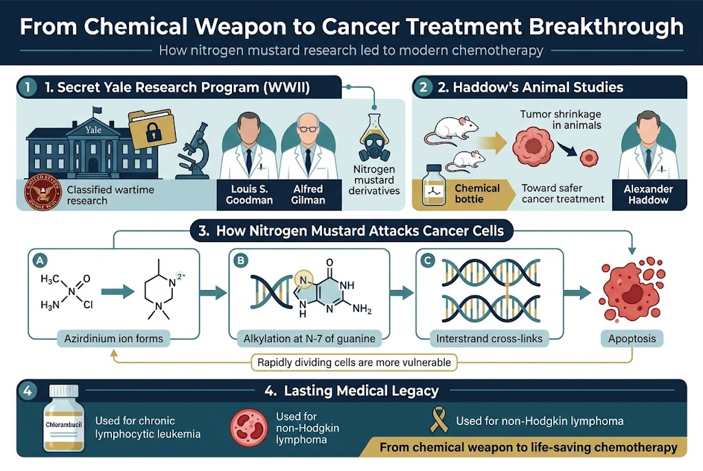 Create a full-bleed 3:2 landscape infographic illustration with a clean professional medical-history style, using deep navy, teal, white, muted gold, and red accents. Use a bold sans-serif heading across the top:

"From Chemical Weapon to Cancer Treatment Breakthrough"

Place a thin subtitle line beneath the heading in smaller text:
"How nitrogen mustard research led to modern chemotherapy"

Organize the infographic into four wide horizontal sections across the canvas, with clear visual hierarchy, icons, and short labeled text blocks. Use modern flat vector art, crisp lines, and subtle gradients. Avoid a vertical poster layout.

SECTION 1: top-left wide block, titled in bold:
"1. Secret Yale Research Program (WWII)"
Show a Yale-style laboratory building silhouette, a locked folder stamp, a microscope, and two scientists in lab coats labeled:
"Louis S. Goodman"
"Alfred Gilman"
Add a small dark red military seal icon and a faint label:
"Classified wartime research"
Include a small chemical flask and gas mask icon with the text:
"Nitrogen mustard derivatives"

SECTION 2: top-right wide block, titled in bold:
"2. Haddow's Animal Studies"
Show laboratory mice and a tumor diagram shrinking from large to small with a downward arrow. Add a chemist figure labeled:
"Alexander Haddow"
Include a small text callout:
"Tumor shrinkage in animals"
"Toward safer cancer treatment"
Use a gold highlight arrow pointing from chemical bottle to tumor reduction.

SECTION 3: center-wide flow diagram, titled in bold:
"3. How Nitrogen Mustard Attacks Cancer Cells"
Show a left-to-right molecular pathway with three connected panels and arrows:
Panel A: a nitrogen mustard molecule forming a cyclic ion, labeled:
"Azirdinium ion forms"
Panel B: DNA strands with a highlighted guanine base labeled:
"Alkylation at N-7 of guanine"
Panel C: two DNA strands linked together, labeled:
"Interstrand cross-links"
Add a final red cell icon breaking apart with the label:
"Apoptosis"
Include a small note beneath in a highlighted box:
"Rapidly dividing cells are more vulnerable"

SECTION 4: bottom-wide legacy block, titled in bold:
"4. Lasting Medical Legacy"
Show a medicine bottle labeled:
"Chlorambucil"
Add a leukemia blood cell icon and a lymphoma ribbon icon. Include the text:
"Used for chronic lymphocytic leukemia"
"Used for non-Hodgkin lymphoma"
Add a final bold statement in a gold banner:
"From chemical weapon to life-saving chemotherapy"

Use numbered circles for each section, thin connector lines, and small icons: lock, lab flask, mouse, DNA helix, cross-link, medical bottle, cancer ribbon. Keep text legible, balanced, and not overcrowded. Use strong contrast, clean spacing, and a polished editorial infographic look.