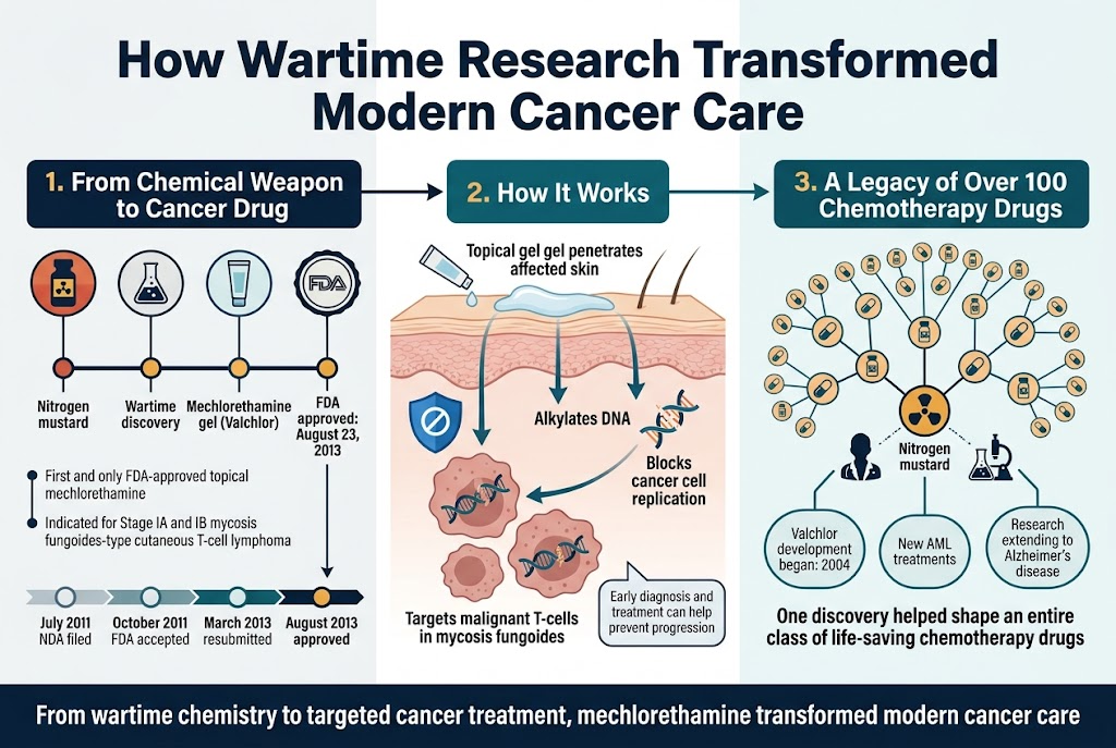 Create a full-bleed 3:2 infographic illustration in a clean modern medical style with a white background, deep navy and teal headings, amber accent highlights, and subtle red/orange hazard-to-medicine transition visuals. Use bold sans-serif typography, strong visual hierarchy, and a wide multi-column layout.

Top center: large bold title in dark navy text:
"How Wartime Research Transformed Modern Cancer Care"

Below the title, divide the infographic into three wide horizontal sections with connected arrows and numbered labels.

LEFT SECTION: "1. From Chemical Weapon to Cancer Drug"
Show a stylized timeline with 4 milestone nodes and small icons:
- dark war-era chemical vial icon with label "Nitrogen mustard"
- laboratory flask icon with label "Wartime discovery"
- gel tube icon with label "Mechlorethamine gel (Valchlor)"
- FDA seal icon with label "FDA approved: August 23, 2013"
Include small text beside the timeline:
"First and only FDA-approved topical mechlorethamine"
"Indicated for Stage IA and IB mycosis fungoides-type cutaneous T-cell lymphoma"
Add a compact regulatory path strip beneath with date markers:
"July 2011 NDA filed"
"October 2011 FDA accepted"
"March 2013 resubmitted"
"August 2013 approved"

CENTER SECTION: "2. How It Works"
Show a large skin cross-section illustration with topical gel applied on the surface, cancer T-cells below, and DNA strands inside cells. Use arrows showing drug penetration into skin and DNA disruption. Include a blue shield/stop icon and broken DNA helix.
Add short labels:
"Topical gel penetrates affected skin"
"Alkylates DNA"
"Blocks cancer cell replication"
"Targets malignant T-cells in mycosis fungoides"
Include a small callout box:
"Early diagnosis and treatment can help prevent progression"

RIGHT SECTION: "3. A Legacy of Over 100 Chemotherapy Drugs"
Show a branching scientific tree or network of connected medicine icons spreading from one central nitrogen mustard node into many small drug capsules and vial icons. Include a small researcher silhouette/lab icon and three application bubbles connected by lines:
"Valchlor development began: 2004"
"New AML treatments"
"Research extending to Alzheimer’s disease"
Add a bold caption at the bottom of this section:
"One discovery helped shape an entire class of life-saving chemotherapy drugs"

Bottom band across the full width: a concise concluding statement in a dark navy box with white text:
"From wartime chemistry to targeted cancer treatment, mechlorethamine transformed modern cancer care"

Use icons for each section, clear numbered markers, thin connecting arrows, balanced spacing, and no empty vertical poster layout. Ensure all text is sharp, readable, and exactly as written.