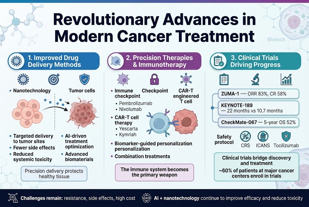 Create a full-bleed landscape infographic in 3:2 aspect ratio with a clean professional medical style, white background, blue-teal-purple gradient accents, bold sans-serif fonts, and clear visual hierarchy.

Top center: large bold title in dark navy text: "Revolutionary Advances in Modern Cancer Treatment"

Below the title, use three wide horizontal content panels across the page with icons and numbered headings.

LEFT PANEL:
Heading in a blue label: "1. Improved Drug Delivery Methods"
Include a nanoparticle icon, a target icon, and a shield icon.
Show a split visual of healthy cells vs tumor cells with arrows guiding drug particles to a tumor.
Include short bullet text:
"Nanotechnology"
"Targeted delivery to tumor sites"
"Reduced systemic toxicity"
"Fewer side effects"
"AI-driven treatment optimization"
"Advanced biomaterials"
Add a small caption box: "Precision delivery protects healthy tissue"

CENTER PANEL:
Heading in a purple label: "2. Precision Therapies & Immunotherapy"
Include icons of an immune cell, a checkpoint lock, and a CAR-T engineered T cell.
Show a T cell attacking a cancer cell.
Include short bullet text:
"Immune checkpoint inhibitors"
"Pembrolizumab"
"Nivolumab"
"CAR-T cell therapy"
"Yescarta"
"Kymriah"
"Biomarker-guided personalization"
"Combination treatments"
Add a highlighted note box: "The immune system becomes the primary weapon"

RIGHT PANEL:
Heading in a teal label: "3. Clinical Trials Driving Progress"
Include a clipboard icon, microscope icon, and upward graph icon.
Show three connected mini-cards with trial names and outcomes:
"ZUMA-1 — ORR 83%, CR 58%"
"KEYNOTE-189 — 22 months vs 10.7 months"
"CheckMate-067 — 5-year OS 52%"
Add safety protocol icons with labels:
"CRS"
"ICANS"
"Tocilizumab"
Include a bottom callout box:
"Clinical trials bridge discovery and treatment"
"~60% of patients at major cancer centers enroll in trials"

Bottom footer strip across the full width with small icons and text:
"Challenges remain: resistance, side effects, high cost"
"AI + nanotechnology continue to improve efficacy and reduce toxicity"

Use subtle medical illustration elements in the background such as molecules, hexagonal biotech patterns, and faint cell structures. Keep text crisp, legible, and balanced, with wide spacing and no vertical poster layout.