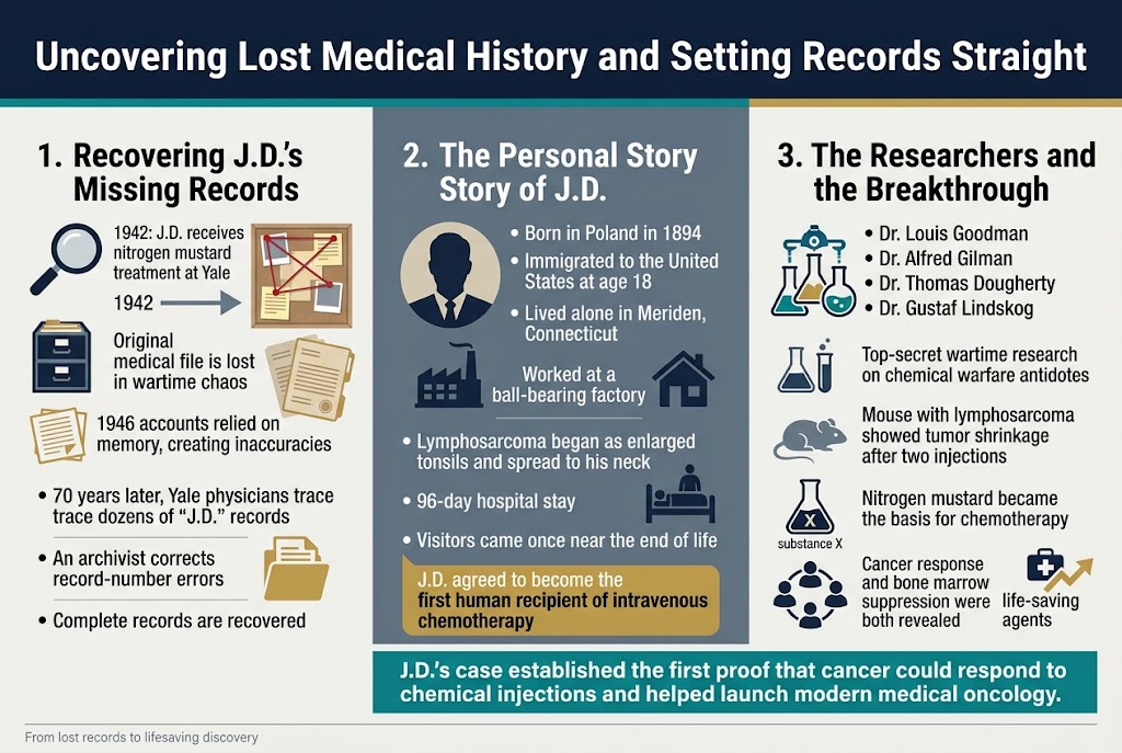 Create a full-bleed professional infographic in a clean modern editorial style, aspect ratio 3:2, wide horizontal layout with no poster frame. Use a white background with deep navy, teal, gold, and muted red accents. Use bold sans-serif typography for headings and smaller readable sans-serif body text. 

Top banner across full width with a bold title in dark navy: "Uncovering Lost Medical History and Setting Records Straight". Add a thin teal and gold accent line beneath the title.

Below the title, organize the infographic into three wide horizontal sections with clear numbered blocks and icons:

LEFT SECTION: "1. Recovering J.D.'s Missing Records"
Include a magnifying glass icon, filing cabinets, old paper records, and a red string detective board motif.
Add short bullet text:
- "1942: J.D. receives nitrogen mustard treatment at Yale"
- "Original medical file is lost in wartime chaos"
- "1946 accounts relied on memory, creating inaccuracies"
- "70 years later, Yale physicians trace dozens of 'J.D.' records"
- "An archivist corrects record-number errors"
- "Complete records are recovered"
Show a small timeline arrow pointing from 1942 to the recovered file.

CENTER SECTION: "2. The Personal Story of J.D."
Use a portrait-style silhouette of a lone man, a factory building icon, a simple house icon, and a hospital bed icon with a lonely visitor symbol.
Add short bullet text:
- "Born in Poland in 1894"
- "Immigrated to the United States at age 18"
- "Lived alone in Meriden, Connecticut"
- "Worked at a ball-bearing factory"
- "Lymphosarcoma began as enlarged tonsils and spread to his neck"
- "96-day hospital stay"
- "Visitors came once near the end of life"
- "J.D. agreed to become the first human recipient of intravenous chemotherapy"
Use a subdued gray-blue tone for this section, with one highlighted gold callout around the phrase "first human recipient of intravenous chemotherapy".

RIGHT SECTION: "3. The Researchers and the Breakthrough"
Include laboratory icons, a mouse experiment icon, a chemical flask labeled "substance X", and a collaboration group icon with linked circles.
Add short bullet text:
- "Dr. Louis Goodman"
- "Dr. Alfred Gilman"
- "Dr. Thomas Dougherty"
- "Dr. Gustaf Lindskog"
- "Top-secret wartime research on chemical warfare antidotes"
- "Mouse with lymphosarcoma showed tumor shrinkage after two injections"
- "Nitrogen mustard became the basis for chemotherapy"
- "Cancer response and bone marrow suppression were both revealed"
Add a small medical cross icon and a chart arrow rising beside the phrase "life-saving agents".

Bottom strip spanning the full width with a bold concluding statement in a teal box:
"J.D.'s case established the first proof that cancer could respond to chemical injections and helped launch modern medical oncology."

Add small footer text in muted gray:
"From lost records to lifesaving discovery"

Use crisp vector icons, subtle shadows, strong spacing, and clear visual hierarchy. Keep the layout balanced and readable, with the three sections arranged in a wide multi-column composition.