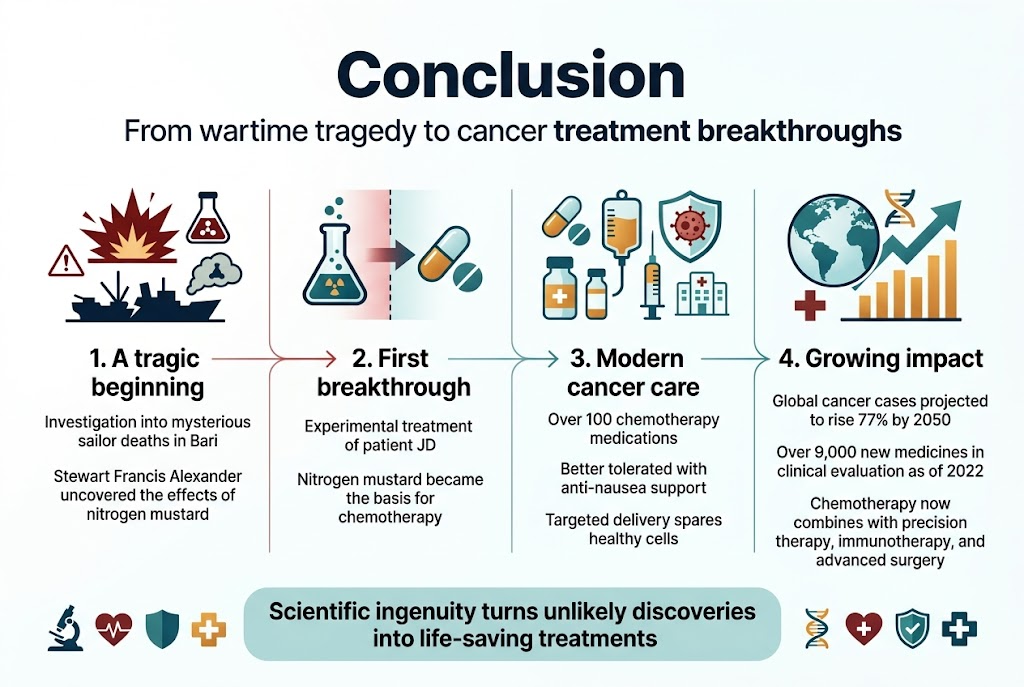 Create a clean, professional full-bleed infographic in a 3:2 aspect ratio with a modern medical/scientific style, white background with deep navy, teal, and amber accents, subtle red hazard-to-healing transition elements, and bold sans-serif typography.

Top header across the full width:
Large bold title text: "Conclusion"
Small subtitle beneath: "From wartime tragedy to cancer treatment breakthroughs"

Main layout: wide horizontal, multi-section infographic with 4 evenly spaced blocks across the center, connected by a thin flowing arrow line from left to right.

Section 1 on the left:
A dark red wartime explosion and chemical vial icon above the heading "1. A tragic beginning"
Include short body text:
"Investigation into mysterious sailor deaths in Bari"
"Stewart Francis Alexander uncovered the effects of nitrogen mustard"
Visual markers: damaged ship silhouette, warning symbol, chemical cloud

Section 2 left-center:
A transition block with a lab flask turning into a medicine pill icon, heading "2. First breakthrough"
Include short body text:
"Experimental treatment of patient JD"
"Nitrogen mustard became the basis for chemotherapy"
Visual markers: split graphic of toxic gas bottle transforming into a medical vial, arrow toward a pill

Section 3 right-center:
A cluster of medicine, syringe, shield, and tumor-targeting icons under the heading "3. Modern cancer care"
Include short body text:
"Over 100 chemotherapy medications"
"Better tolerated with anti-nausea support"
"Targeted delivery spares healthy cells"
Visual markers: pills, infusion bag, shield around a cancer cell, clean hospital symbols

Section 4 on the right:
A future-focused globe and DNA helix icon with upward trend graph, heading "4. Growing impact"
Include short body text:
"Global cancer cases projected to rise 77% by 2050"
"Over 9,000 new medicines in clinical evaluation as of 2022"
"Chemotherapy now combines with precision therapy, immunotherapy, and advanced surgery"
Visual markers: world map globe, upward arrow, DNA strand, cross symbol

Bottom band across the full width:
A final highlighted statement in a soft teal rounded rectangle:
"Scientific ingenuity turns unlikely discoveries into life-saving treatments"
Add a small footer icon row showing a microscope, heart, shield, and medical cross.

Use clear section dividers, strong visual hierarchy, and balanced spacing. Keep all text crisp, legible, and minimal. No photo realism; use flat vector infographic style with subtle gradients and clean lines.