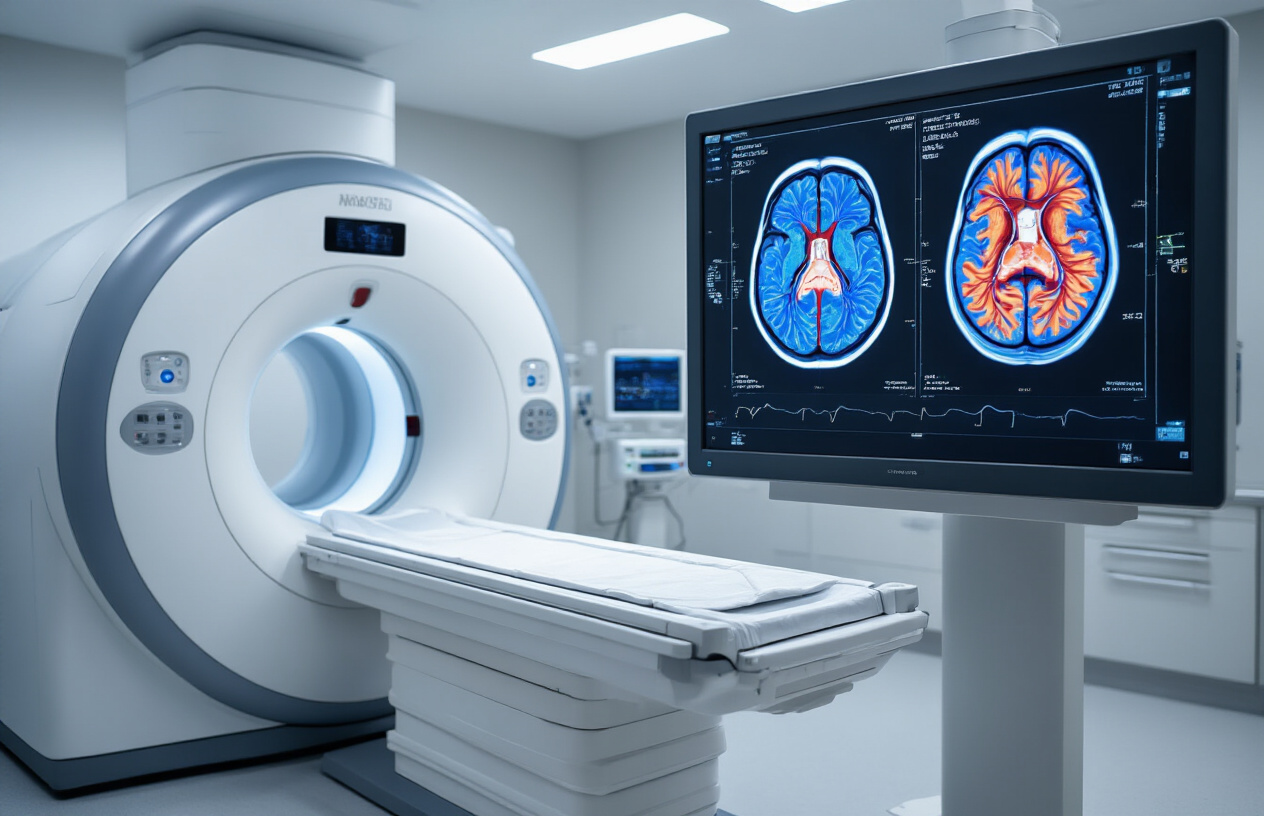 Create a realistic image of a modern MRI machine in a clean medical facility with its cylindrical bore prominently displayed, alongside a large high-resolution monitor showing detailed 3D brain venography images with visible blood vessels and veins in blue and red colors, medical equipment and control panels visible in the background, bright clinical lighting illuminating the white and blue medical environment, sterile hospital atmosphere, Absolutely NO text should be in the scene.