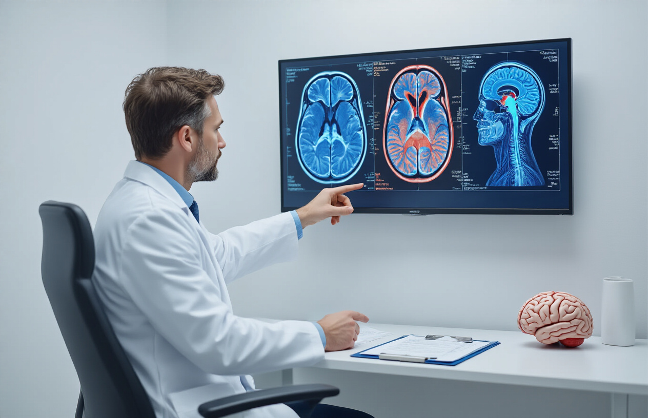 Create a realistic image of a modern medical consultation room with a white male doctor in a white coat pointing to a large wall-mounted monitor displaying colorful MRV brain scan images showing blood vessels in blue and red, with medical charts and anatomical brain models visible on the desk, professional clinical lighting, clean white walls, and a focused diagnostic atmosphere, Absolutely NO text should be in the scene.