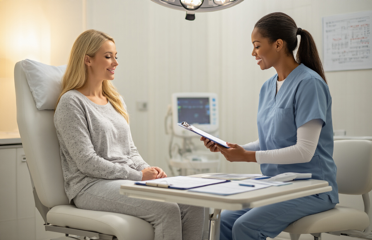 Create a realistic image of a calm medical preparation room with a white female patient in comfortable clothing sitting on an examination chair while a black female healthcare professional in scrubs explains the MRV procedure, medical forms and clipboards on a nearby table, soft ambient lighting creating a reassuring atmosphere, modern medical equipment visible in the background, professional healthcare setting with clean white walls and medical charts, peaceful and informative consultation scene, absolutely NO text should be in the scene.