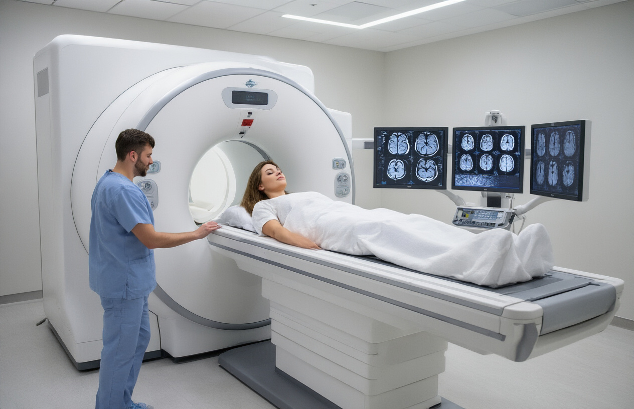 Create a realistic image of a white female patient lying on her back on an MRI scanner table being slowly moved into a large white cylindrical MRI machine, with a white male radiologic technologist in scrubs standing at a control console with monitors showing brain scan images, in a clean modern medical imaging room with white walls and professional lighting, conveying a calm and professional medical procedure atmosphere, absolutely NO text should be in the scene.