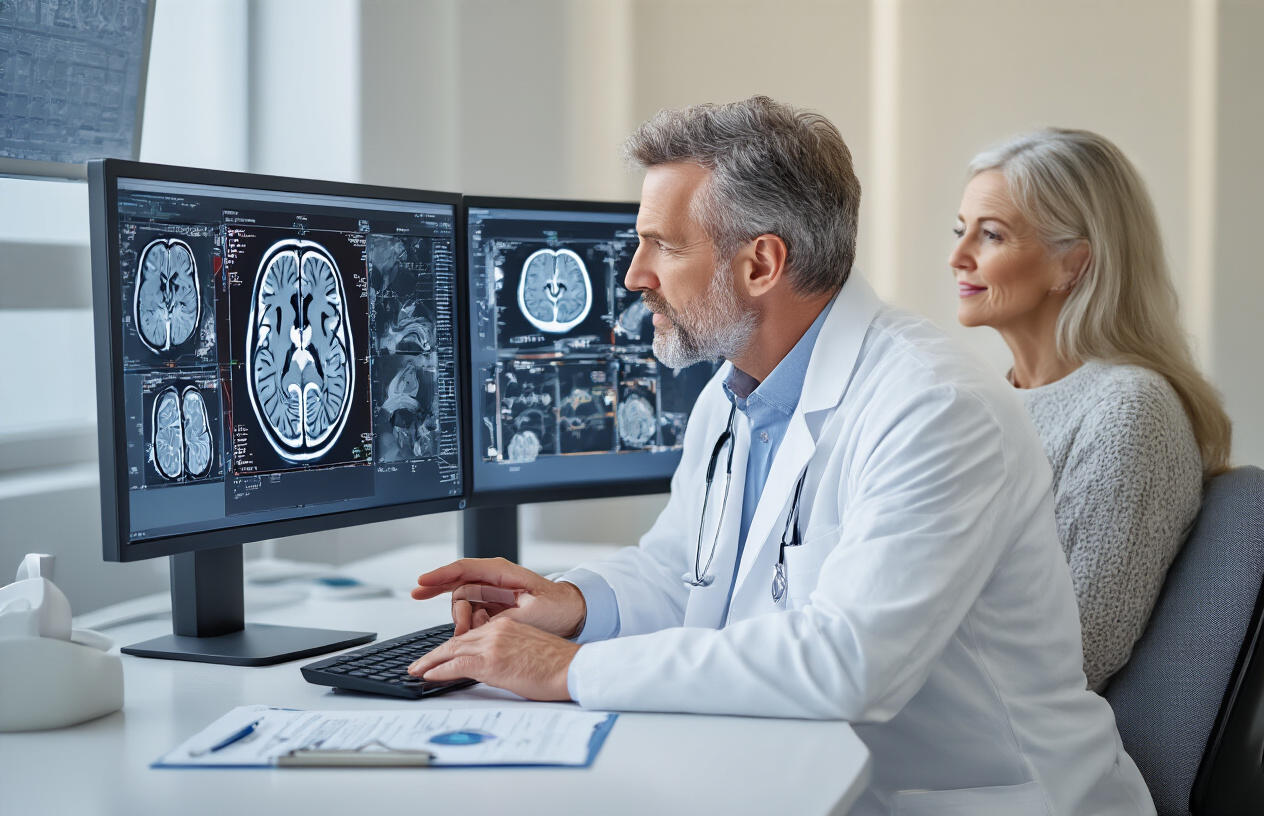 Create a realistic image of a white male doctor in a white coat sitting at a modern medical workstation with dual computer monitors displaying detailed MRI brain scans and venography images showing blood vessels, the physician is pointing at specific areas on the screen while consulting with a middle-aged white female patient seated beside him, medical charts and brain anatomy diagrams are visible on the desk, the scene is set in a clean, professional medical office with bright clinical lighting and neutral colored walls, creating an informative and reassuring atmosphere. Absolutely NO text should be in the scene.