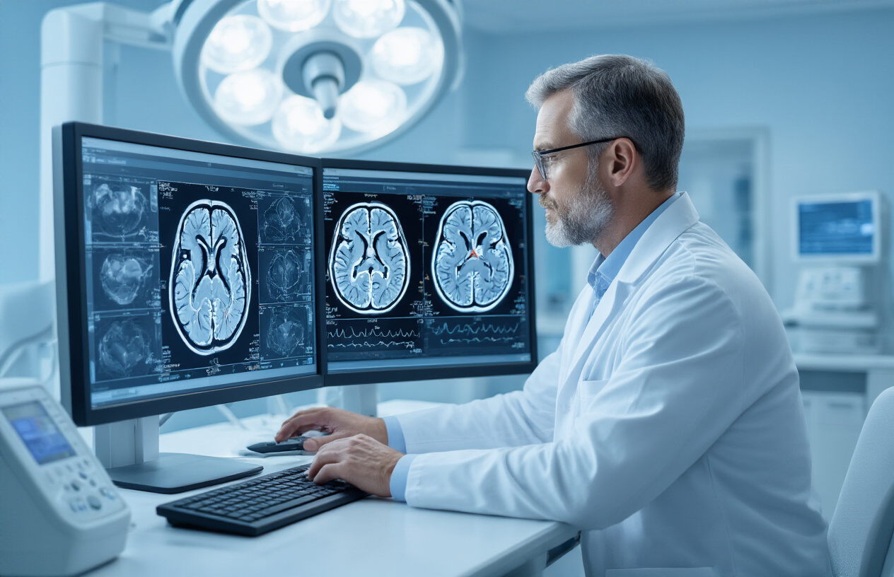 Create a realistic image of a modern medical imaging workstation displaying MRV brain scans on multiple monitors showing detailed blood vessel networks, with a white male radiologist in a white coat examining the images, medical equipment and diagnostic tools visible on the desk, split-screen effect showing both advantages (clear, detailed vessel imaging) and limitations (areas with reduced clarity or artifacts), professional hospital radiology department background with soft blue lighting, clean and sterile medical environment. Absolutely NO text should be in the scene.