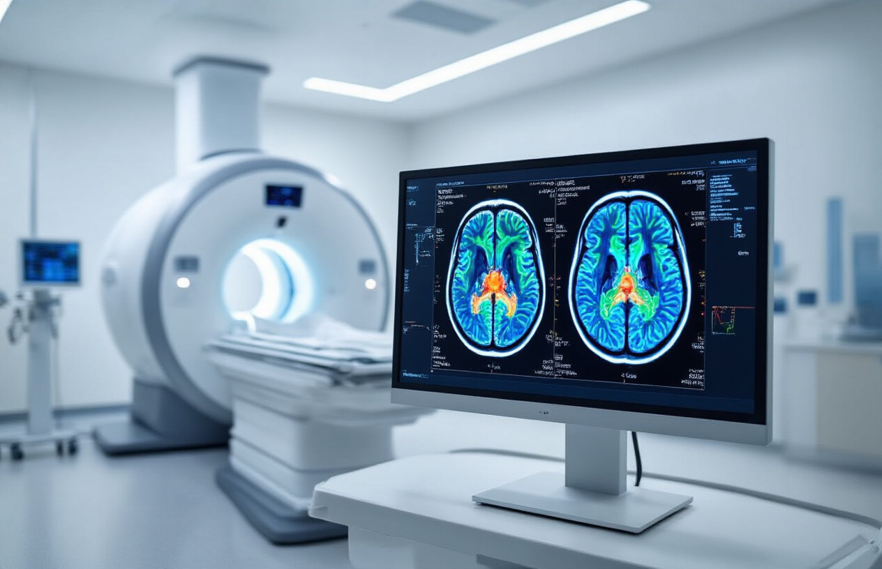 Create a realistic image of a modern medical facility showing an MRI machine in the background with a large computer monitor in the foreground displaying a detailed brain scan with colorful diffusion imaging overlays showing neural pathways in blues, greens, and reds, with a clean white and blue medical environment, soft clinical lighting, and advanced medical equipment visible, conveying a professional healthcare technology atmosphere, absolutely NO text should be in the scene.